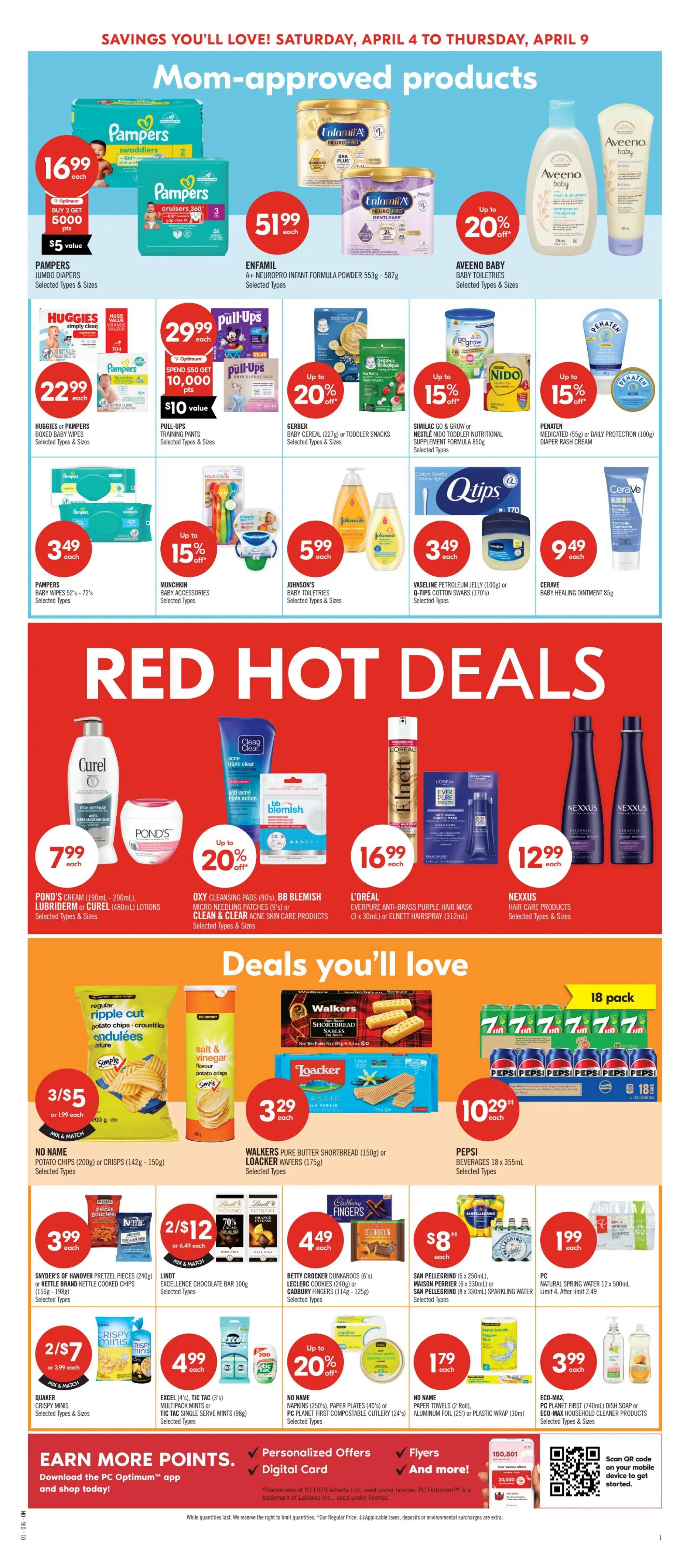 Shoppers Drug Mart flyer page 12 featuring Mom-Approved Products and Hot Deals. Top section includes Pampers Swaddlers or Cruisers diapers for $16.99, Enfamil A+ Neuropro Infant Formula 553g-587g for $51.99, Huggies or Pampers boxed baby wipes for $22.99, Pull-Ups training pants with a spend $50 get 10,000 points offer, Gerber baby cereal or toddler snacks up to 20% off, Similac Go & Grow or Nestle Nido toddler nutritional supplement formula 850g up to 15% off, and Penaten medicated diaper rash cream up to 15% off. Also featured are Pampers baby wipes 52-72's for $3.49, Munchkin baby accessories up to 15% off, Johnson's baby toiletries for $5.99, Vaseline petroleum jelly or Q-Tips cotton swabs for $3.49, and Cerave baby healing ointment 85g for $9.49. The Red Hot Deals section includes Pond's cream or Lubriderm/Curel lotions for $7.99, Oxy cleansing pads or BB Blemish micro-needling patches up to 20% off, L'Oreal EverPure anti-brass purple hair mask or Elnett hairspray for $16.99, and Nexxus hair care products for $12.99. Deals You'll Love section features No Name potato chips or crisps for 3/$5, Walkers pure butter shortbread or Loacker wafers for $3.29, Pepsi beverages 18 x 355ml for $10.29, Snyder's of Hanover pretzel pieces or kettle brand kettle cooked chips for $3.99, Lindt Excellence chocolate bars 2/$12, Betty Crocker cookies or Cadbury fingers for $4.49, San Pellegrino or Maison Perrier sparkling water for $8, and PC natural spring water 12 x 500ml for $1.99. Additional deals include Quaker crispy minis for 2/$7, Excel tic tac mints for $4.99, No Name paper plates or PC first compostable cutlery up to 20% off, and No Name paper towels or plastic wrap for $1.79. The bottom section promotes earning more points by downloading the PC Optimum app, personalized offers, digital card, flyers, and more. A QR code is available for mobile device users to get started.
