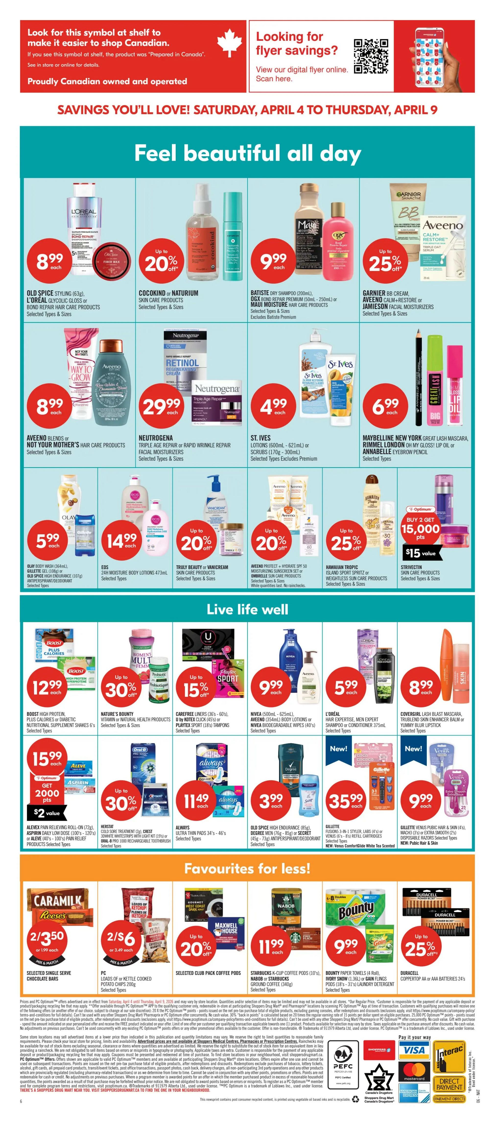 Shoppers Drug Mart Ontario flyer, page 19 of 19, featuring 'Feel Beautiful All Day' specials. Offers include Old Spice Styling or L'Oréal Hair Care for $8.99, Cocokind or Naturium Skin Care up to 20% off, Batiste Dry Shampoo or OGX Hair Care for $9.99, Garnier BB Cream or Aveeno Moisturizers up to 25% off. Also featured are Aveeno or Not Your Mother's Hair Care for $8.99, Neutrogena Triple Age Repair or Rapid Wrinkle Repair Facial Moisturizers for $29.99, and St. Ives Lotions or Scrubs for $4.99. Maybelline New York Great Lash Mascara, Rimmel London Oh My Gloss Lip Oil, or Annabelle Eyebrow Pencil for $6.99. Olay Body Wash or Gillette Gel for $5.99, EOS 24H Moisture Body Lotions for $14.99, Truly Beauty or Vanicream Skin Care up to 20% off, and Aveeno Protect + Hydrate SPF 50 Sun Care up to 20% off. Live Life Well section includes Boost High Protein Shakes for $12.99, Nature's Bounty Vitamin or Natural Health Products up to 30% off, Carefree Liners or Playtex Tampons up to 15% off, Nivea or Aveeno Body Lotions/Biodegradable Wipes for $9.99, and L'Oréal Hair Expertise or Men Expert Shampoo/Conditioner for $5.99. Covergirl Lash Blast Mascara, TruBlend Skin Enhancer Balm or Yummy Blur Lipstick for $8.99. Aleve Pain Relieving Roll-On or Aspirin Daily Dose for $15.99 with 2000 Optimum points and a $2 value offer. Herstat Cold Sore Treatment up to 30% off. Always Ultra Thin Pads for $11.49. Old Spice High Endurance or Degree Men Antiperspirant/Deodorant for $3.99. Gillette Fusion 3-in-1 Stylers or Venus ComfortGlide White Tea Scented Refill Cartridges for $35.99. Gillette Venus Public Hair & Skin Razors for $9.99. Favourites for Less include Caramilk or Reese's Chocolate Bars 2/$3.50 or $1.99 each, PC Loads of Kettle Cooked Potato Chips 2/$6, Selected Club Pack Coffee Pods up to 20% off, Maxwell House Coffee for $11.99, Bounty Paper Towels or Ivory Snow Laundry Detergent for $9.99, and Duracell Copper Top AA or AAA Batteries up to 25% off.