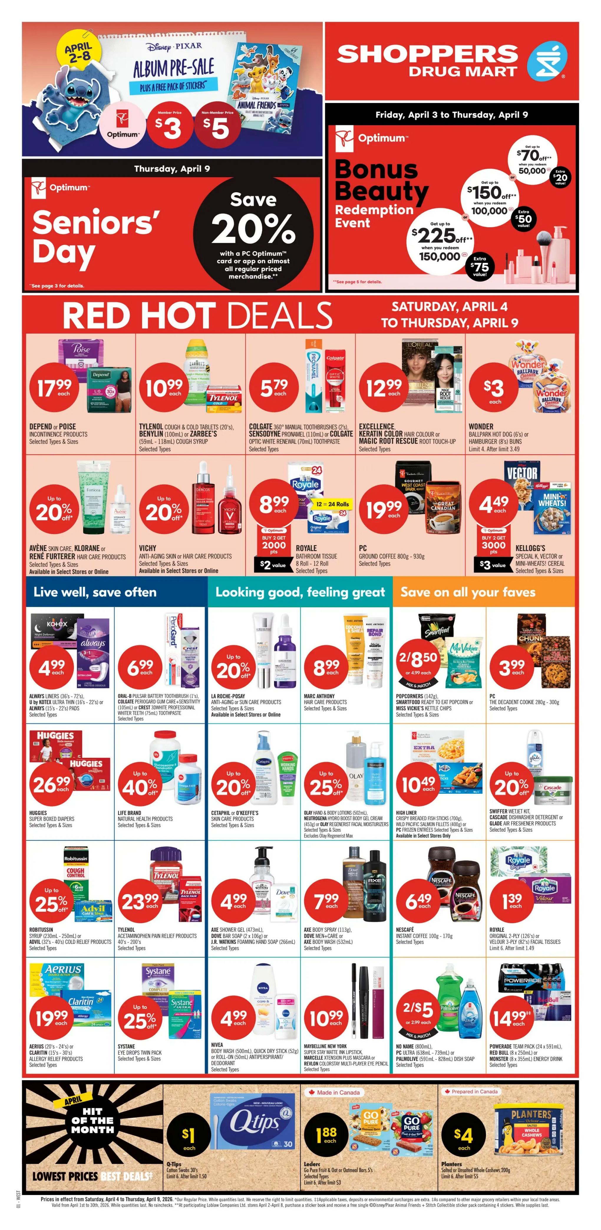 Shoppers Drug Mart flyer page 1 featuring a 2-Day Sale on Saturday, April 4 and Sunday, April 5. Offers include Grade 'A' Large White Eggs for $3.79 each, No Name Butter for $5.49 each, Pepsi or 7UP beverages 6 x 710mL for 2 for $7, Coca-Cola beverages 6 x 710mL for $3.99 each, and Lay's Family Size Potato Chips 220g-235g for 2 for $5. Also featured are Jamieson Vitamin Products with up to 50% off, No Name 2-ply or PC 3-ply Facial Tissues 6's for $5.99 each, and Tide Laundry Detergent Pods or Downy Ultra Fabric Softener for $5.99 each. Other deals include Christie Cookies or Crackers for 2 for $5, PC Bacon 500g for $5.99, and Wonder White or Whole Wheat Bread 570g for $2.49. Easter specials include Nestle Hide Me Eggs, Hershey's Smooth Solid Bunny, or Terry's Orange Chocolate for $6.49, Ferrero Rocher Lindt Gold Foiled Bunny or Kinder Maxi Surprise Egg for $13.99, and Kinder Surprise Bunny or Cadbury Mini Eggs for $5.99. Dove Hair Care Products are $4.99 each, and Oral-B Cavity Defence Manual Toothbrush or Colgate Cavity Protection/Crest Complete Whitening+Scope Toothpaste for $1.29 each. A special offer: Spend $100 on Golf Town Gift Card and get 10,000 bonus points, valued at $10. The page also highlights a 'What's your Mystery Offer?' promotion with potential rewards of 20x the points, 25,000 bonus points, or a free product with eligible purchase.