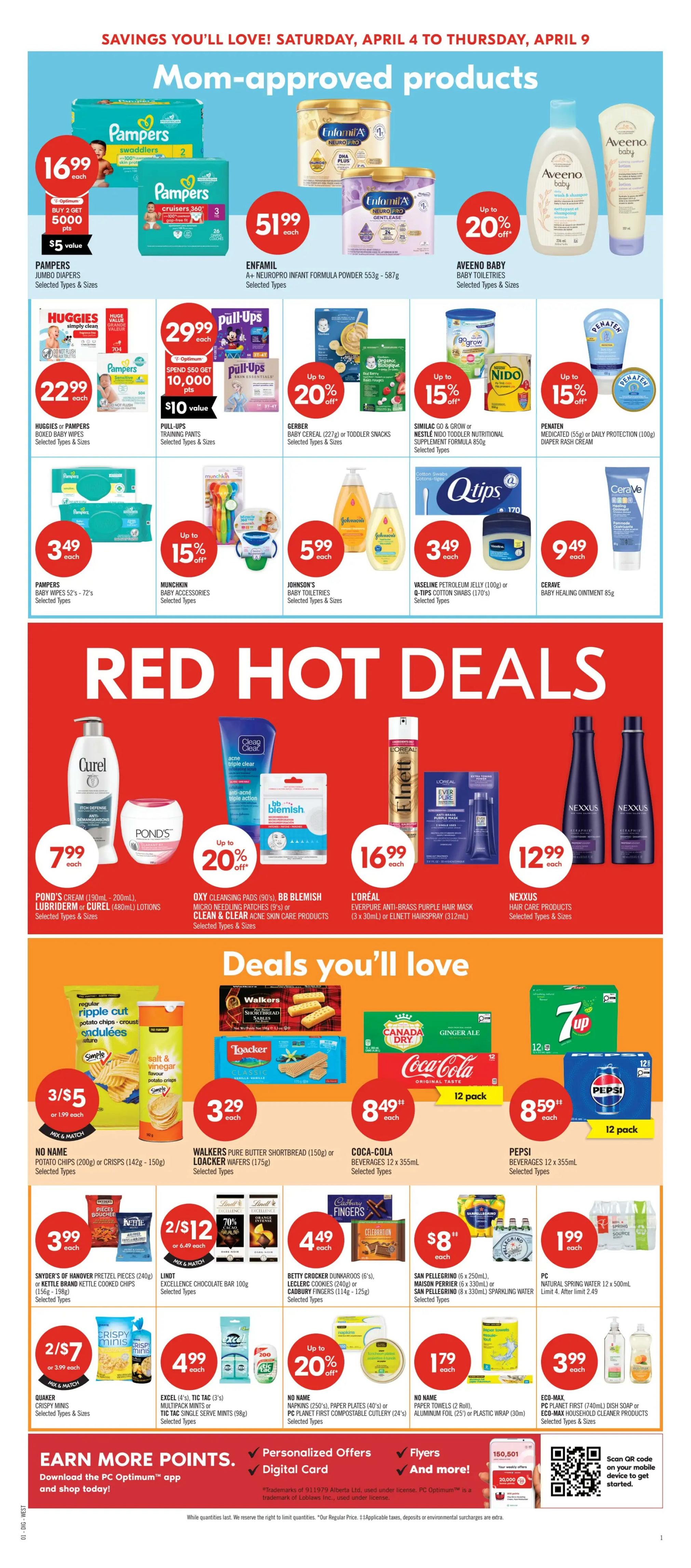 Shoppers Drug Mart flyer page 12 featuring Mom-Approved Products and Red Hot Deals. Mom-Approved Products include Pampers diapers for $16.99, Pampers Cruisers for $5.99, Huggies or Pampers boxed baby wipes for $22.99, Pull-Ups training pants for $29.99 with $10 value in points, Gerber baby cereal or toddler snacks up to 20% off, Similac Go & Grow or Nestle Nido toddler nutritional supplement formula for up to 15% off, and Penaten medicated diaper rash cream for up to 15% off. Also featured are Enfamil A+ Neuropro infant formula powder for $51.99, Aveeno baby toiletries for up to 20% off, Munchkin baby accessories for up to 15% off, Johnson's baby toiletries for $5.99, Vaseline petroleum jelly or Q-Tips cotton swabs for $3.49, and Cerave baby healing ointment for $9.49. Red Hot Deals include Curél lotions and Ponds cream for $7.99, Oxy cleansing pads or BB Blemish acne skin care products for up to 20% off, L'Oréal EverPure anti-brass purple hair mask or Elnett hairspray for $16.99, and Nexxus hair care products for $12.99. Deals you'll love section includes No Name potato chips or crisps for 3/$5, Walkers pure butter shortbread or Loacker wafers for $3.29, Coca-Cola beverages 12 pack for $8.49, Pepsi beverages 12 pack for $8.59, Snyder's of Hanover pretzel pieces or Kettle Brand kettle cooked chips for $3.99, Lindt Excellence chocolate bar for 2/$12, Betty Crocker Dunkaroos or Cadbury Fingers for $4.49, and San Pellegrino sparkling water for $8. Also available are Quaker Crispy Minis for 2/$7, Excel Tic Tac multipacks or Tic Tac mints for $4.99, and No Name compostable cutlery or paper plates for up to 20% off. PC Natural Spring Water 12 x 500mL is $1.99. Eco-Max dish soap or household cleaner products are $3.99. The flyer also promotes earning more points by downloading the PC Optimum app and shopping today, with personalized offers, digital card, flyers, and more. Valid April 4 to April 9.