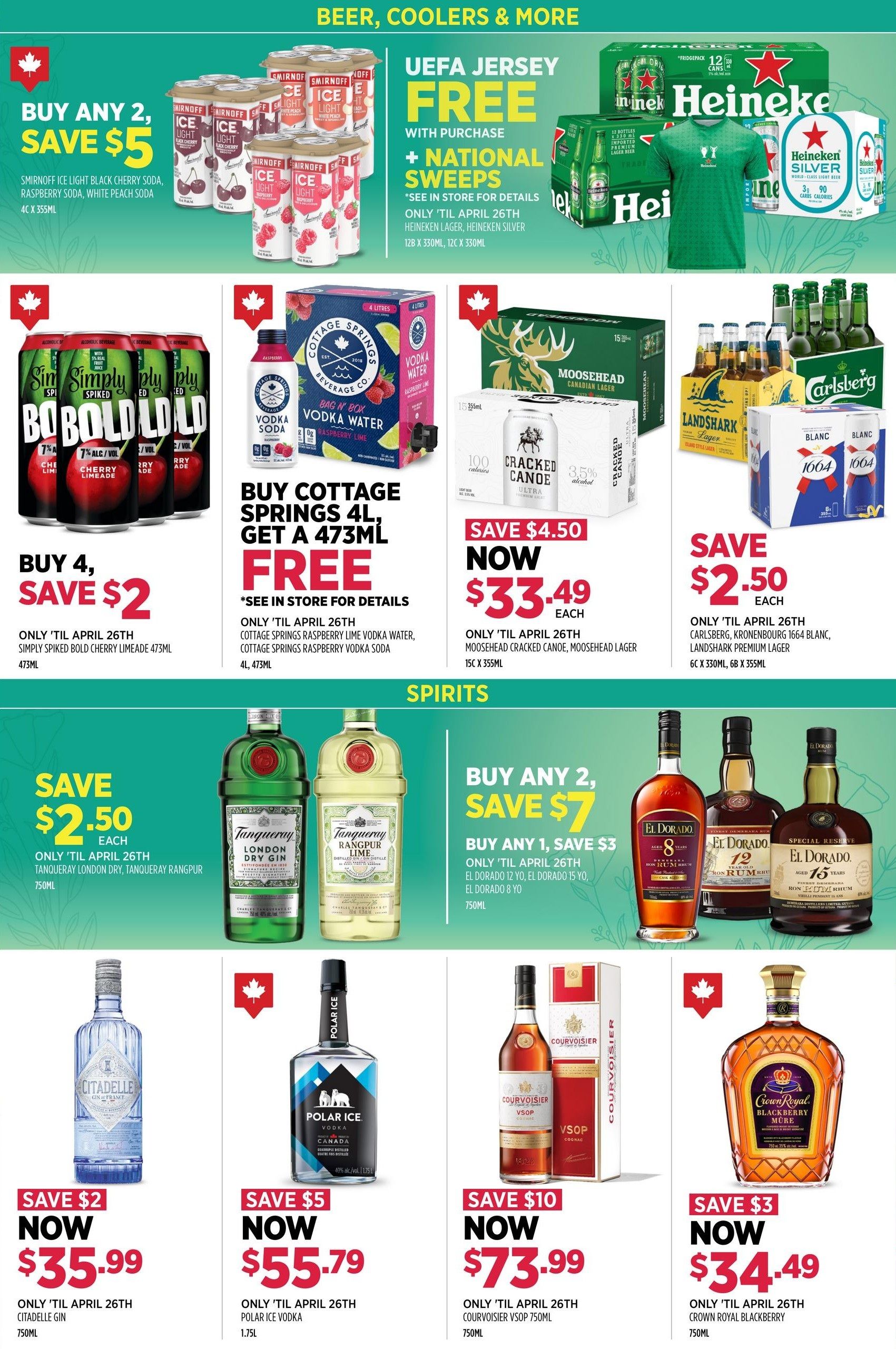 Alcool NB Liquor flyer page 2 features beer, coolers, and spirits. Top section offers a free UEFA jersey with purchase of Heineken or Heineken Silver, available until April 26th. Also on sale: Buy any 2 Smirnoff Ice Light Black Cherry Soda, Raspberry Soda, or White Peach Soda for $5 off, or buy 4 for $2 off Simply Spiked Bold Cherry Limeade. Cottage Springs Raspberry Lime Water and Vodka Soda 4L are available with a free 473ml bottle. Save $4.50 on Moosehead Cracked Canoe and Moosehead Lager 15 x 355ml for $33.49 each. Save $2.50 on Carlsberg, Kronenbourg 1664 Blanc, and Landshark Premium Lager 6 x 330ml. The spirits section includes Tanqueray London Dry Gin and Tanqueray Rangpur Gin, with a buy any 2, save $7 offer, or buy 1, save $3 on El Dorado 12 YO, El Dorado 15 YO, and El Dorado 8 YO rum, all 750ml. Save $2 on Citadel Gin de France 750ml for $35.99. Save $5 on Polar Ice Vodka 1.75L for $55.79. Save $10 on Courvoisier VSOP 750ml for $73.99. Save $3 on Crown Royal Blackberry 750ml for $34.49. All offers are valid until April 26th unless otherwise specified.
