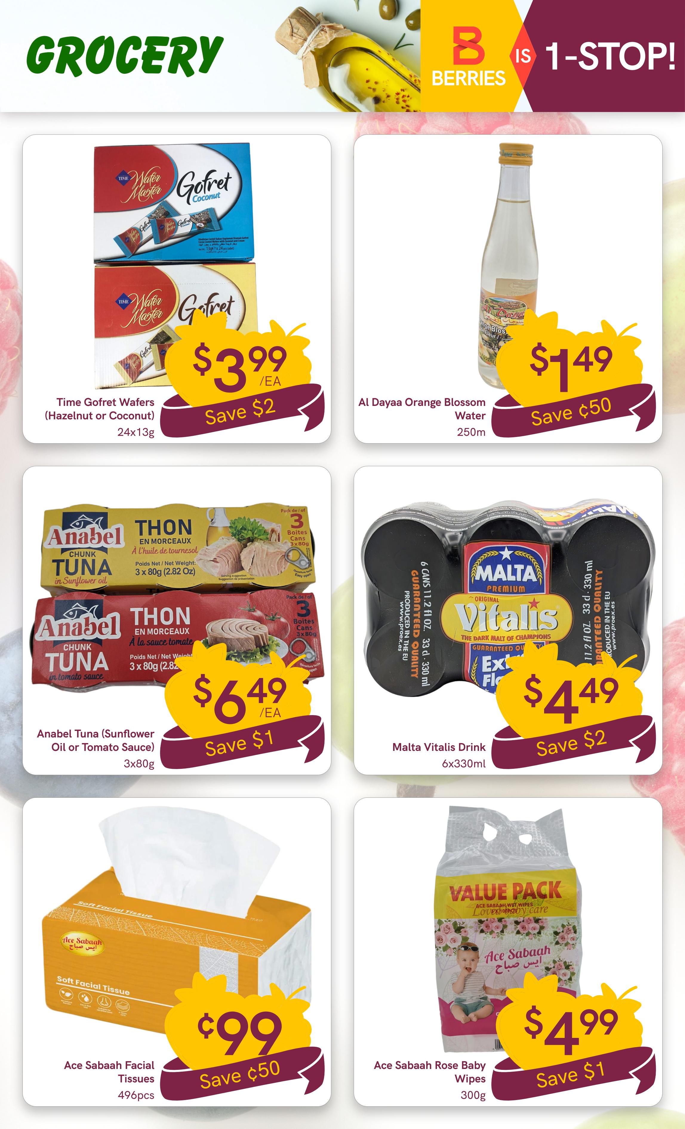 Berries Market weekly flyer specials page 27 features Time Gofret Wafers (Hazelnut or Coconut) for $3.99 each, saving $2. Also available is Al Dayaa Orange Blossom Water for $1.49, saving $0.50. Anabel Tuna (Sunflower Oil or Tomato Sauce) 3x80g is on sale for $6.49, saving $1. Malta Vitalis Drink 6x330ml is priced at $4.49, saving $2. Ace Sabaah Facial Tissues 496pcs are $0.99, saving $0.50. Lastly, Ace Sabaah Rose Baby Wipes 300g are available for $4.99, saving $1.
