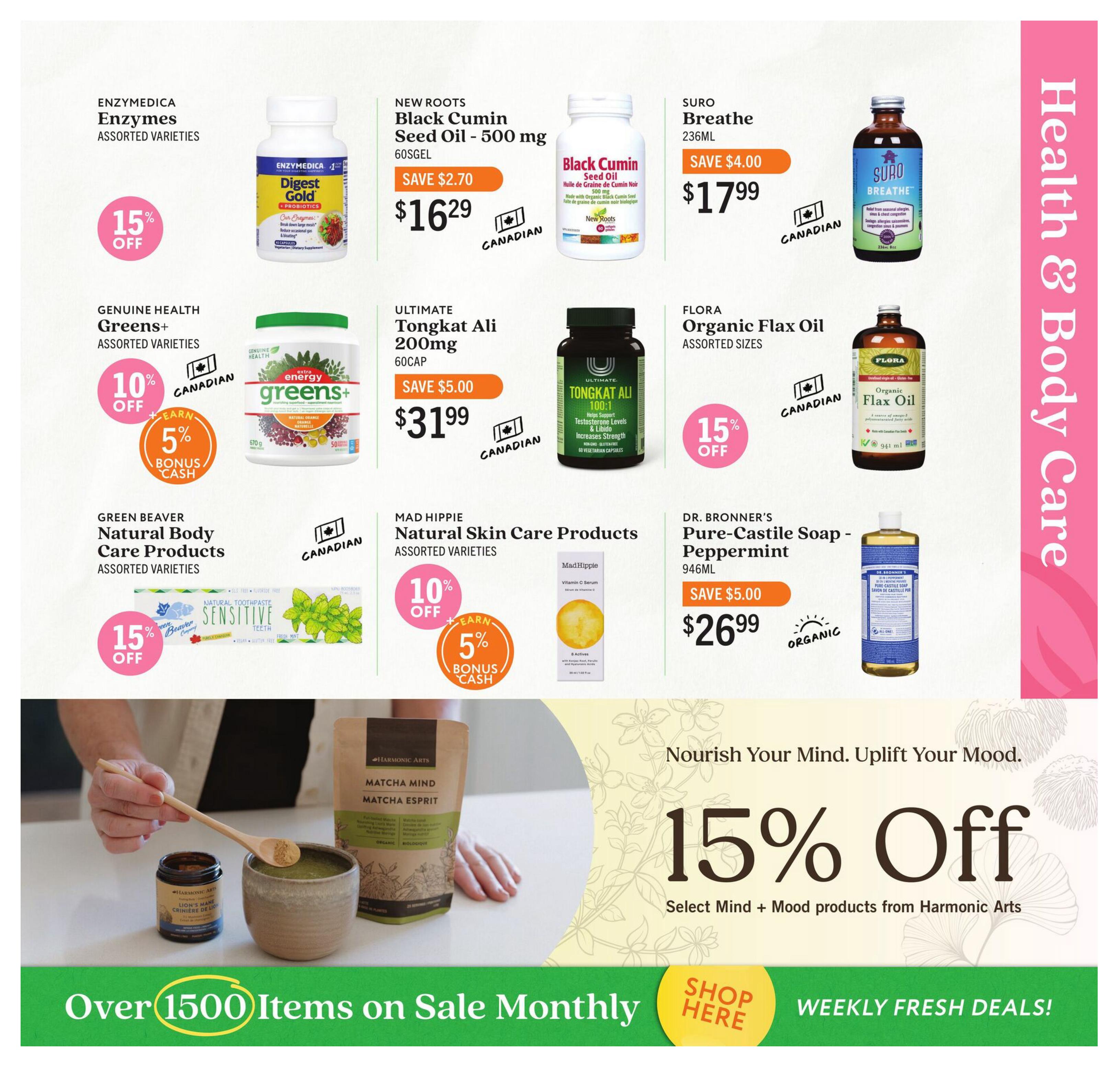 Community Natural Foods flyer page 4 features health and body care products. Enzymedica Digest Gold + Probiotics is 15% off. New Roots Black Cumin Seed Oil 500 mg is on sale for $16.29, saving $2.70. Suro Breathe 236ml is $17.99, saving $4.00. Genuine Health Greens+ assorted varieties are 10% off with an additional 5% bonus cash. Ultimate Tongkat Ali 200mg 60cap is $31.99, saving $5.00. Flora Organic Flax Oil assorted sizes are 15% off. Green Beaver Natural Body Care Products assorted varieties are 15% off. Mad Hippie Natural Skin Care Products assorted varieties are 10% off with an additional 5% bonus cash. Dr. Bronner's Pure-Castile Soap - Peppermint 946ml is $26.99, saving $5.00. The page also highlights 'Nourish Your Mind. Uplift Your Mood.' with 15% off select Mind + Mood products from Harmonic Arts. A green banner at the bottom reads 'Over 1500 Items on Sale Monthly' with a 'Shop Here' button and 'Weekly Fresh Deals!
