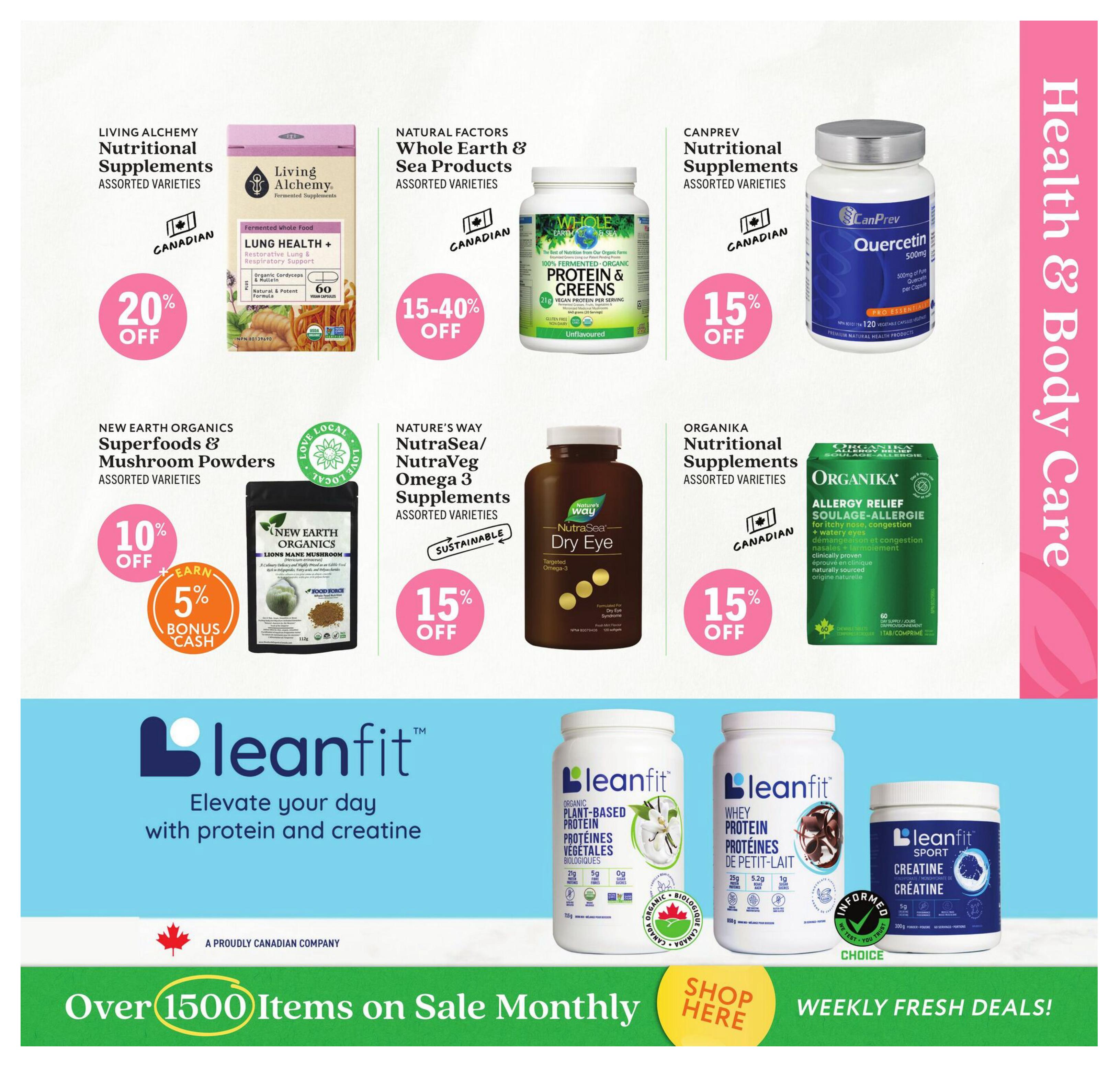Community Natural Foods flyer page 5 features health and body care products. Save 20% on Living Alchemy Nutritional Supplements, including Lung Health+ Restorative Lung & Respiratory Support. Get 15-40% off Natural Factors Whole Earth & Sea Products like Protein & Greens. CanPrev Nutritional Supplements are 15% off, including Quercetin 500mg. New Earth Organics Superfoods & Mushroom Powders are 10% off, with an additional 5% bonus cash offer on items like Lions Mane Mushroom powder. Nature's Way NutraSea/NutraVeg Omega 3 Supplements are 15% off, including Dry Eye formula. Organika Nutritional Supplements are 15% off, featuring Allergy Relief for itchy nose, congestion, and watery eyes. The bottom section highlights Leanfit protein and creatine products, with a 'Shop Here' call to action for weekly fresh deals on over 1500 items.