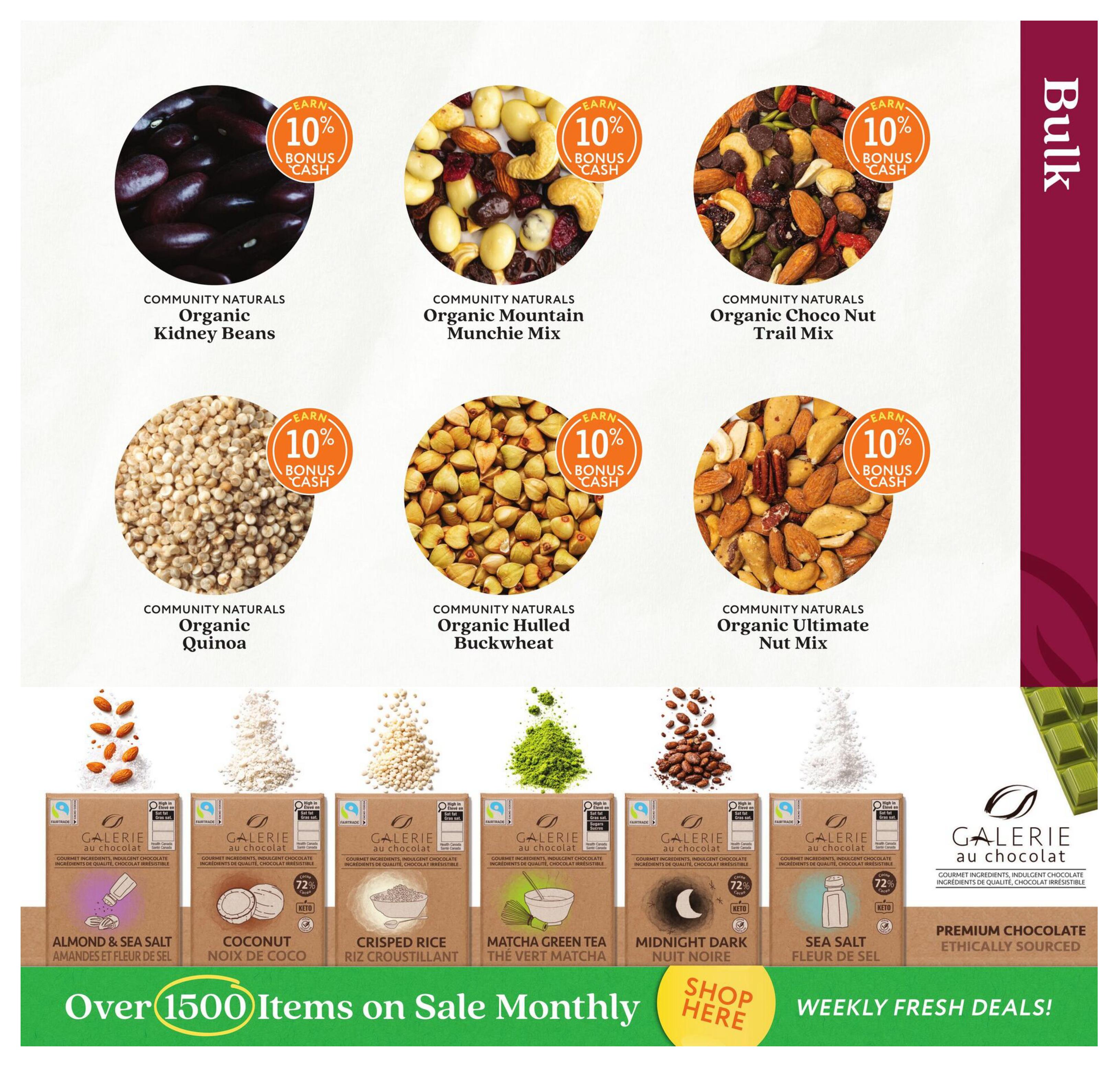 Community Natural Foods flyer page 6 features bulk organic products with 10% bonus cash offers. Selections include Community Naturals Organic Kidney Beans, Organic Mountain Munchie Mix, Organic Choco Nut Trail Mix, Organic Quinoa, Organic Hulled Buckwheat, and Organic Ultimate Nut Mix. Also showcased are Galerie au Chocolat bars with flavours like Almond & Sea Salt, Coconut, Crisped Rice, Matcha Green Tea, Midnight Dark, and Sea Salt, with some noted as 72% cacao and keto-friendly. The bottom of the page highlights 'Over 1500 Items on Sale Monthly' and 'Weekly Fresh Deals!