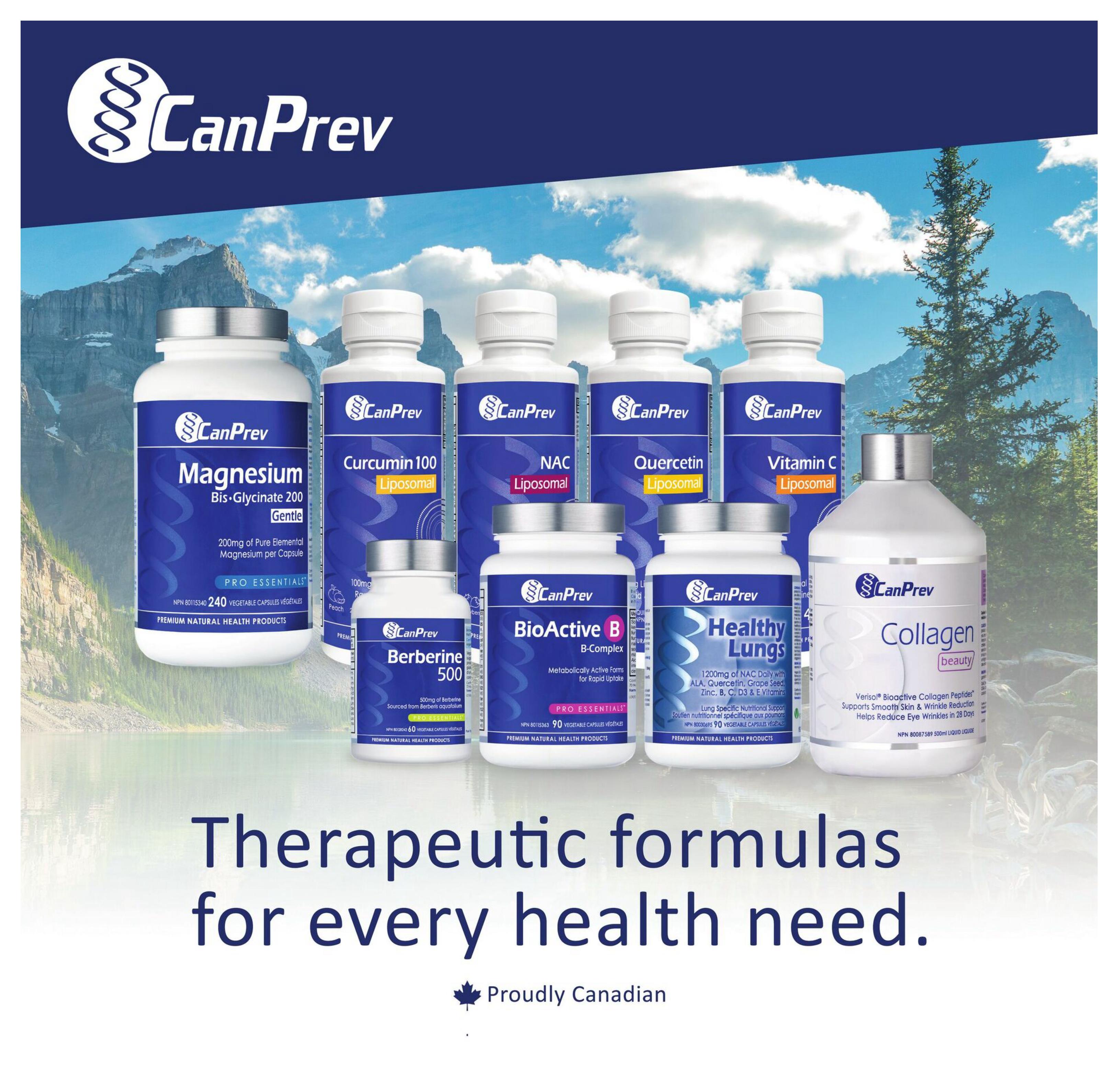 Community Natural Foods flyer page 11 showcasing CanPrev's line of therapeutic formulas. Products featured include CanPrev Magnesium Bis-Glycinate 200 Gentle, Curcumin 100 Liposomal, NAC Liposomal, Quercetin Liposomal, Vitamin C Liposomal, Berberine 500, BioActive B B-Complex, Healthy Lungs, and Collagen beauty. The page highlights 'Therapeutic formulas for every health need' and 'Proudly Canadian'.