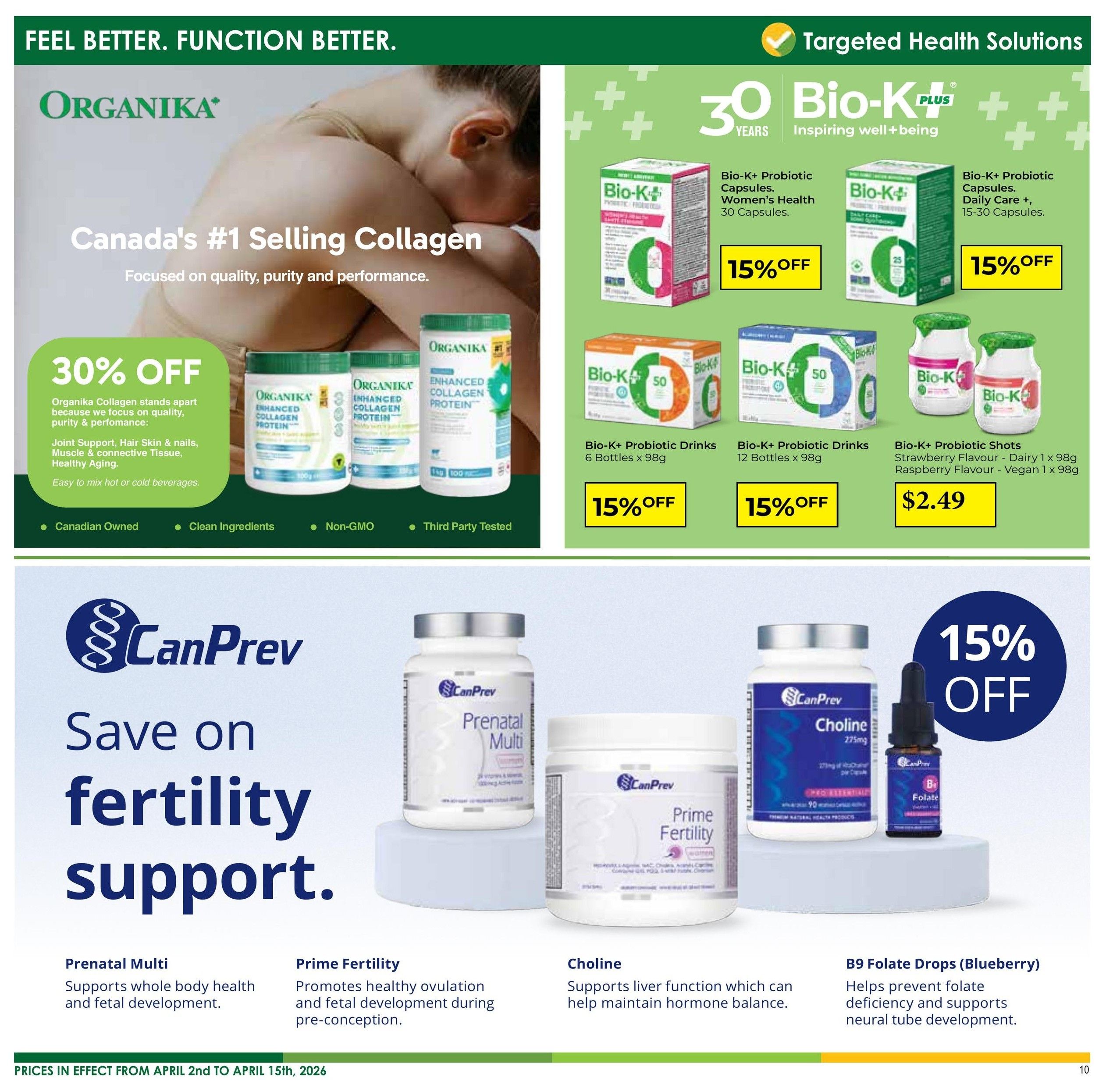 Nature's Emporium flyer page 10 features 'Feel Better. Function Better.' and 'Targeted Health Solutions'. The top left showcases Organika Collagen with a 30% off discount, highlighting its benefits for joint support, hair, skin, nails, muscle, and connective tissue, and its suitability for hot or cold beverages. It is Canadian owned, has clean ingredients, and is non-GMO. The top right section features Bio-K+ probiotic products with 30 years of inspiring well-being. Bio-K+ Probiotic Capsules for Women's Health (30 capsules) and Bio-K+ Probiotic Capsules Daily Care+ (15-30 capsules) are both 15% off. Bio-K+ Probiotic Drinks (6 bottles x 98g) and Bio-K+ Probiotic Drinks (12 bottles x 98g) are also 15% off. Bio-K+ Probiotic Shots in Strawberry Flavour (1 x 98g) and Raspberry Flavour (1 x 98g) are available for $2.49. The bottom section promotes savings on fertility support from CanPrev. Products include Prenatal Multi, which supports whole body health and fetal development; Prime Fertility, promoting healthy ovulation and fetal development during pre-conception; Choline, supporting liver function and hormone balance; and B9 Folate Drops (Blueberry), which helps prevent folate deficiency and supports neural tube development. Prices are in effect from April 2nd to April 15th, 2026.