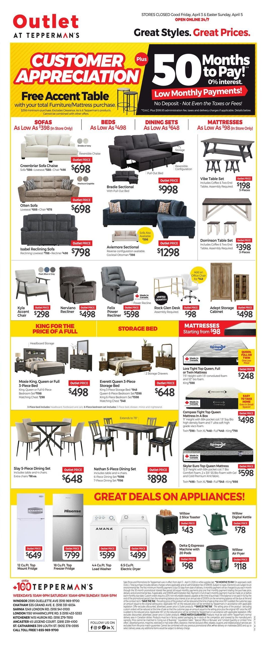 Tepperman's Outlet flyer, page 9, featuring 'Customer Appreciation' deals. Offers include a free accent table with furniture/mattress purchase of $298 minimum. Sofas start at $398, Beds at $498, Dining Sets at $648, and Mattresses at $98. Featured furniture includes Greenbriar Sofa Chaise for $698, Olten Sofa for $698, Isabel Reclining Sofa for $798, Avie more Sectional for $1298, and various recliners and accent chairs like the Kyla Accent Chair for $298, Nerviano Recliner for $498, and Felix Power Recliner for $598. Storage beds are available, such as the Moxie King, Queen or Full 3-Piece Bed for $498 and Everett Queen 3-Piece Storage Bed for $648. Dining sets include the Slay 5-Piece Dining Set for $648 and Nathan 5-Piece Dining Set for $898. Mattresses include the Lora Tight Top Queen, Full or Twin Mattress for $248, Compass Tight Top Queen Mattress in a Box for $498, and Skylar Euro Top Queen Mattress for $598. 'Great Deals on Appliances' section showcases a Hisense 18 Cu.Ft. Top Freezer Fridge for $799, Marathon 12 Cu.Ft. Top Mount Fridge for $649, Amana 4.4 Cu.Ft. Top Load Washer for $599, and a 6.5 Cu.Ft. Electric Dryer for $499. Small appliances include a Willow 2 Slice Toaster for $43, Willow Digital Kettle for $78, Delta Q Espresso Machine with 20 Pods for $98, and Willow Air Fryer for $118. The flyer also highlights '50 Months to Pay!' with 0% interest and low monthly payments, no deposit, and no taxes or fees. Store hours and contact information for Tepperman's locations are provided.