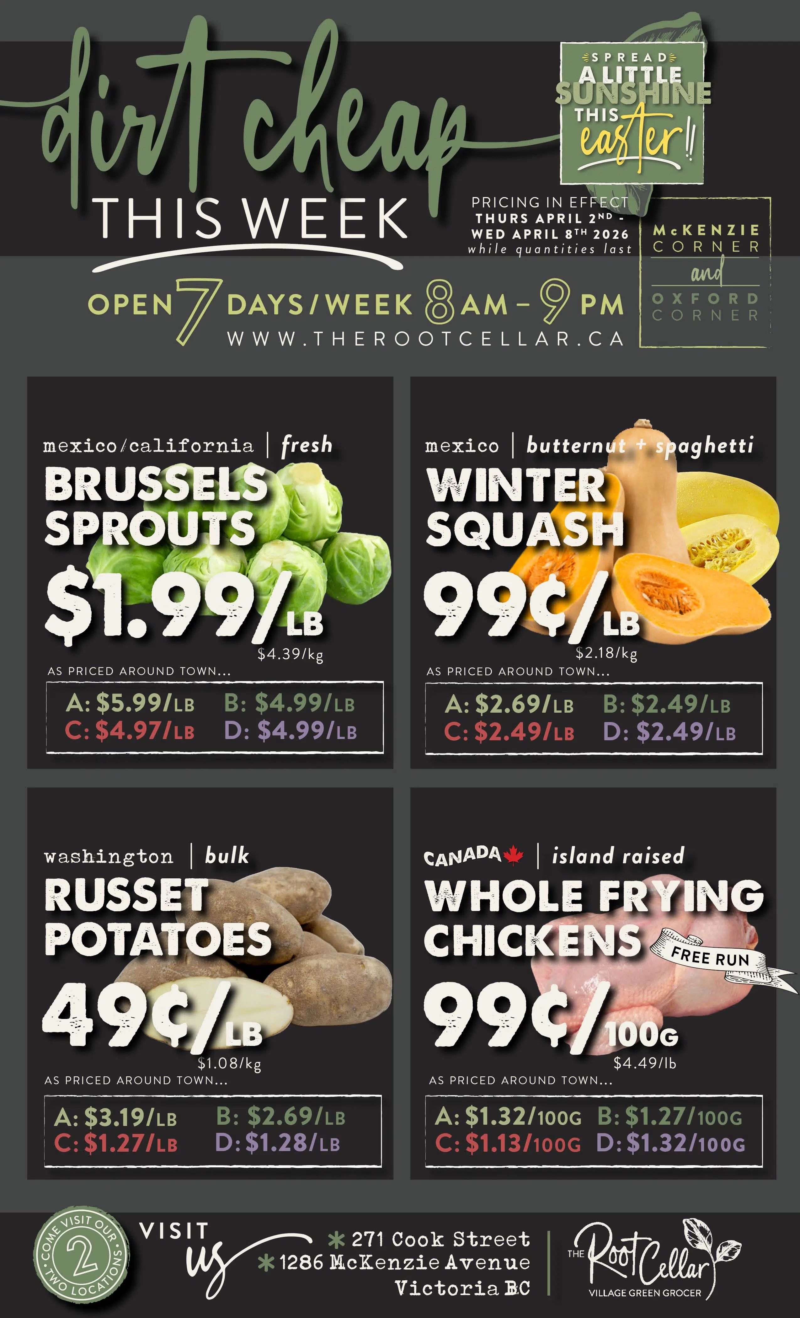 The Root Cellar weekly flyer, page 1, features 'Dirt Cheap This Week' specials. Store hours are 8 AM to 9 PM, 7 days a week. Featured produce includes Mexico/California fresh Brussels Sprouts for $1.99/lb, with prices around town ranging from $4.97/lb to $5.99/lb. Also available are Mexico butternut and spaghetti winter squash for 99¢/lb, with prices around town from $2.49/lb to $2.69/lb. Washington bulk Russet Potatoes are 49¢/lb, with prices around town from $1.27/lb to $3.19/lb. Canada island-raised whole frying chickens are 99¢/100g, with prices around town from $1.13/100g to $1.32/100g. The flyer also mentions Easter specials and lists store locations at 271 Cook Street and 1286 McKenzie Avenue in Victoria, BC.