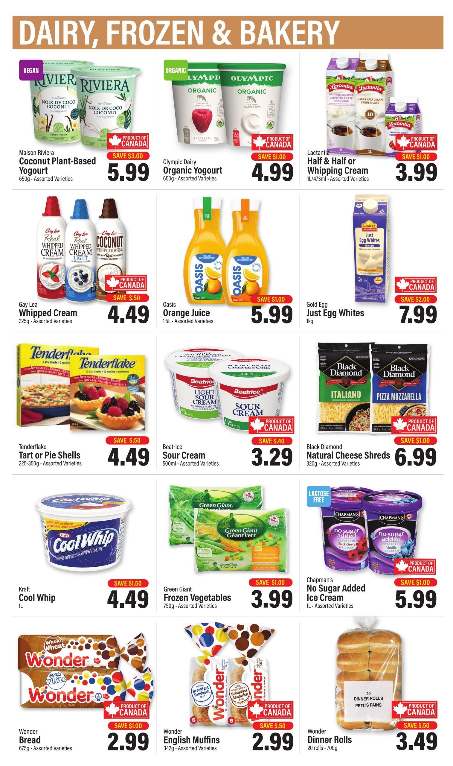 Commisso's Fresh Foods weekly flyer specials page 9 features dairy, frozen, and bakery items. Highlights include Maison Riviera Coconut Plant-Based Yogurt for $5.99 (save $3.00), Olympic Dairy Organic Yogurt for $4.99 (save $1.00), and Lactantia Half & Half or Whipping Cream for $3.99. Also featured are Gay Lea Whipped Cream for $4.49 (save $0.50), Oasis Orange Juice for $5.99 (save $1.00), and Gold Egg Just Egg Whites for $7.99 (save $2.00). Tenderflake Tart or Pie Shells are $4.49 (save $0.50), Beatrice Sour Cream is $3.29 (save $0.40), and Black Diamond Natural Cheese Shreds are $6.99 (save $1.00). Kraft Cool Whip is $4.49 (save $1.50), Green Giant Frozen Vegetables are $3.99 (save $1.00), and Chapman's No Sugar Added Ice Cream is $5.99 (save $1.00). Bakery items include Wonder Bread for $2.99 (save $1.00), Wonder English Muffins for $2.99 (save $0.50), and Wonder Dinner Rolls for $3.49 (save $0.50).
