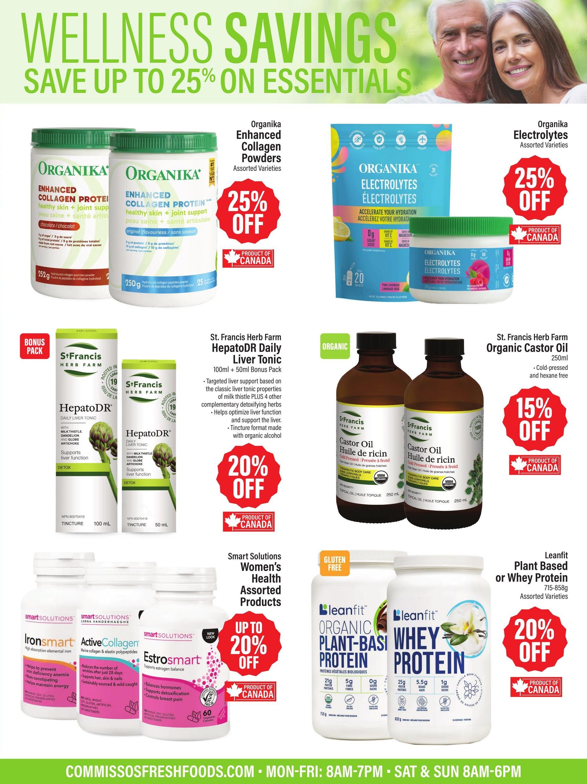 Commisso's Fresh Foods flyer page 3 features Wellness Savings with up to 25% off on essentials. Organika Enhanced Collagen Powders in Chocolate and Original Flavourless varieties are 25% off. Organika Electrolytes in Assorted Varieties are also 25% off. St. Francis Herb Farm HepatoDR Daily Liver Tonic, 100ml + 50ml Bonus Pack, is 20% off and targets liver support, helping to optimize liver function. St. Francis Herb Farm Organic Castor Oil, 250ml, cold-pressed and hexane-free, is 15% off. Smart Solutions Women's Health Assorted Products are up to 20% off, including IronSmart High-absorption elemental iron, ActiveCollagen Marine collagen & elastin polypeptides, and Estrosmart which supports estrogen balance. Leanfit Plant Based or Whey Protein, 715-858g Assorted Varieties, is 20% off.