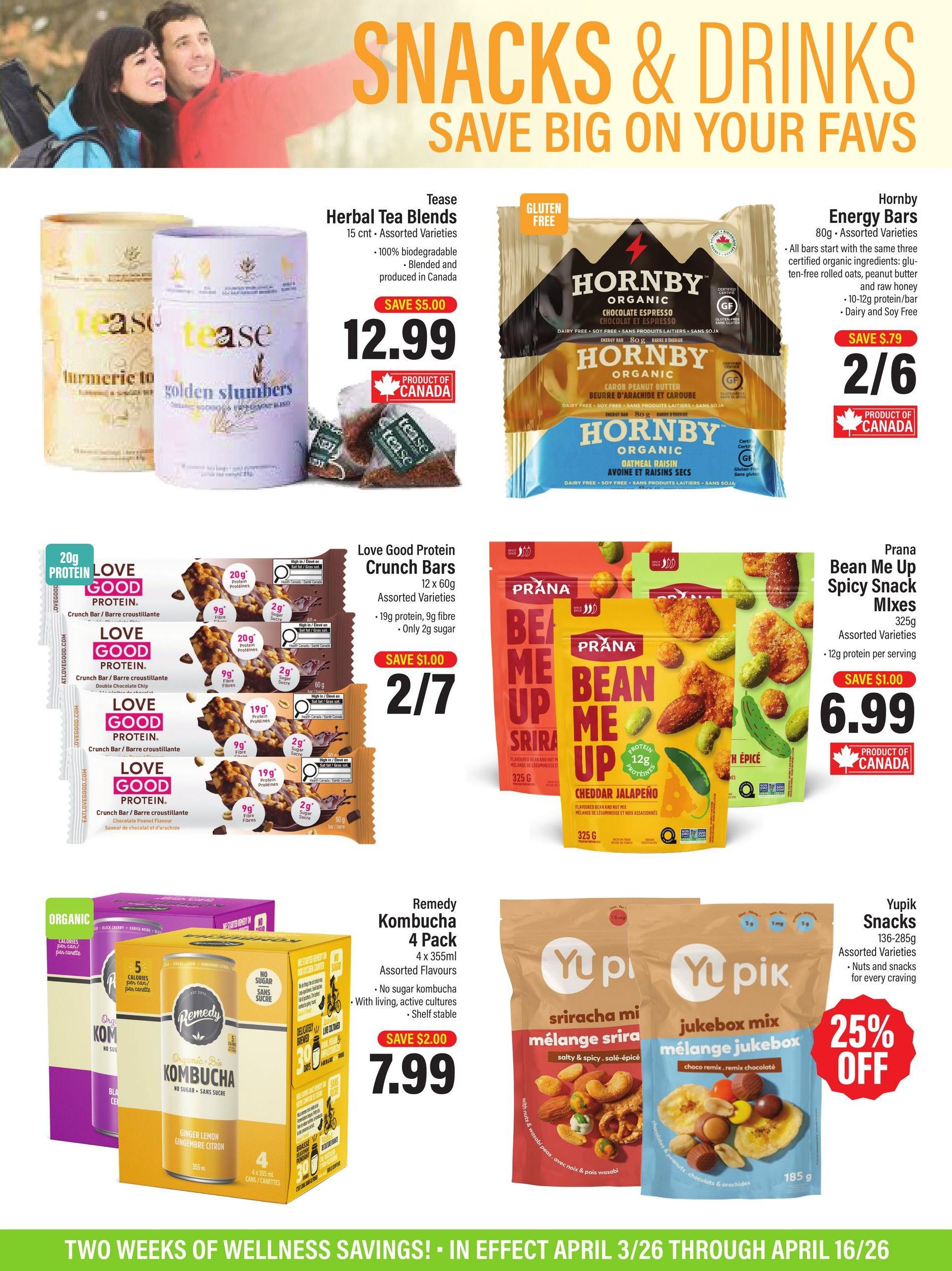 Commisso's Fresh Foods flyer page 4, featuring snacks and drinks. Offers include Tease Herbal Tea Blends for $12.99, saving $5.00. Hornby Organic Energy Bars are 2 for $6, saving $0.79. Love Good Protein Crunch Bars are 2 for $7, saving $1.00. Prana Bean Me Up Spicy Snack Mixes are $6.99, saving $1.00. Remedy Kombucha 4 Pack is $7.99, saving $2.00. Yupik Snacks are 25% off. The flyer highlights 'Two Weeks of Wellness Savings!' in effect April 3/26 through April 16/26.