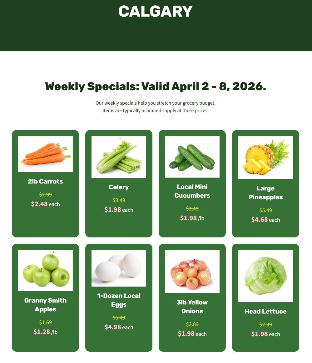 H&W Produce Weekly Specials flyer for Calgary, valid April 2 - 8, 2026. Featured items include 2lb Carrots for $2.48 each, Celery for $1.98 each, Local Mini Cucumbers for $1.98/lb, Large Pineapples for $4.68 each, Granny Smith Apples for $1.28/lb, 1-Dozen Local Eggs for $4.98 each, 3lb Yellow Onions for $1.98 each, and Head Lettuce for $1.98 each.