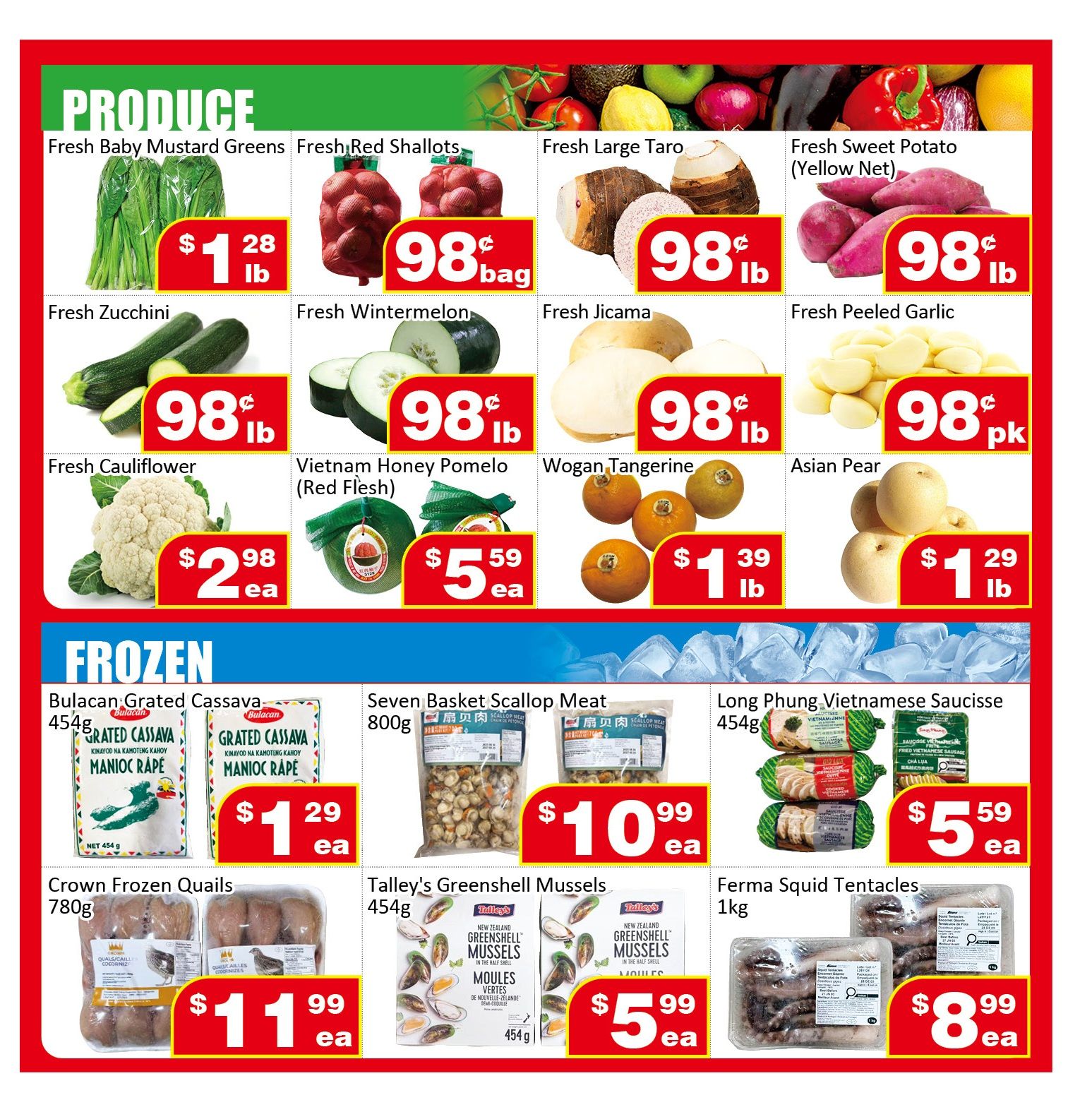 Jian Hing Supermarket weekly flyer specials page 3. Produce section features Fresh Baby Mustard Greens for $1.28/lb, Fresh Red Shallots for $0.98/bag, Fresh Large Taro for $0.98/lb, and Fresh Sweet Potato (Yellow Net) for $0.98/lb. Also available are Fresh Zucchini for $0.98/lb, Fresh Wintermelon for $0.98/lb, Fresh Jicama for $0.98/lb, and Fresh Peeled Garlic for $0.98/pk. Fresh Cauliflower is $2.98 each, Vietnam Honey Pomelo (Red Flesh) is $5.59 each, Wogan Tangerine is $1.39/lb, and Asian Pear is $1.29/lb. The Frozen section includes Bulacan Grated Cassava (Manioc Rape) 454g for $1.29 each, Seven Basket Scallop Meat 800g for $10.99 each, Long Phung Vietnamese Saucisse 454g for $5.59 each, Crown Frozen Quails 780g for $11.99 each, Talley's Greenshell Mussels 454g for $5.99 each, and Ferma Squid Tentacles 1kg for $8.99 each.