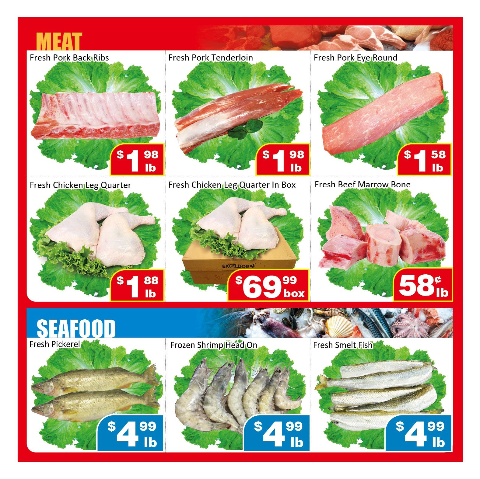 Jian Hing Supermarket weekly flyer specials, page 4. Featured meat products include Fresh Pork Back Ribs for $1.98/lb, Fresh Pork Tenderloin for $1.98/lb, and Fresh Pork Eye Round for $1.58/lb. Also available are Fresh Chicken Leg Quarters for $1.88/lb, Fresh Chicken Leg Quarter in a box for $69.99/box, and Fresh Beef Marrow Bone for $0.58/lb. In the seafood section, find Fresh Pickerel for $4.99/lb, Frozen Shrimp Head On for $4.99/lb, and Fresh Smelt Fish for $4.99/lb.