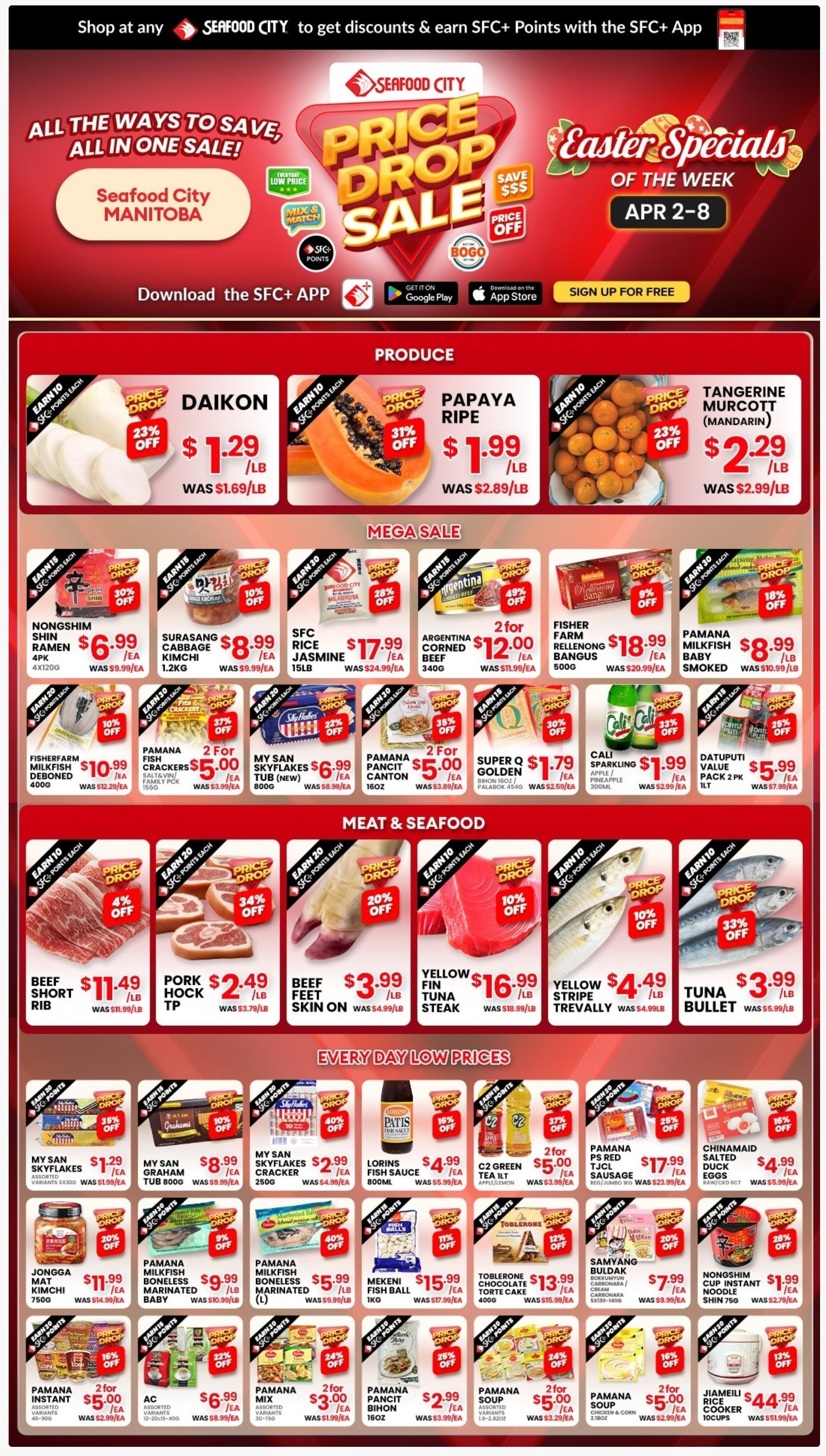 Seafood City Supermarket flyer for April 2-8 features a 'Price Drop Sale' with 'Easter Specials'. The flyer highlights 'All the ways to save, all in one sale!' for Seafood City Manitoba customers, encouraging them to download the SFC+ App for discounts and points. The Produce section includes Daikon for $1.29/lb (23% off), Ripe Papaya for $1.99/lb (31% off), and Tangerine Murcott (Mandarin) for $2.29/lb (23% off). The Mega Sale offers Nongshim Shin Ramen (4x120g) for $6.99/ea (30% off), Surasang Cabbage Kimchi (1.2kg) for $8.99/ea (10% off), and SFC Rice Jasmine (15lb) for $17.99/ea (28% off). Argentina Corned Beef (340g) is 2 for $12.00 (49% off). Other deals include Fisherfarm Rellenong Bangus, Pamana Milkfish, My San Skyflakes, and various Pamana brand items like Fish Crackers and Pancit Canton. In the Meat & Seafood section, find Beef Short Rib for $11.49/lb (4% off), Pork Hock TP for $2.49/lb (34% off), and Beef Feet Skin On for $3.99/lb (20% off). Seafood specials include Yellowfin Tuna Steak for $16.99/lb (10% off), Yellow Stripe Trevally for $4.49/lb (10% off), and Tuna Bullet for $3.99/lb (33% off). The Every Day Low Prices section features My San Skyflakes (assorted variants 3x300) for $1.29/ea (35% off), Lorins Fish Sauce (800ml) for $4.99/ea (16% off), and C2 Green Tea (1lt Apple/Lemon) 2 for $5.00 (37% off). Pamana PS Red TJCL Sausage (230g) is $17.99/ea (25% off), and Chinamaid Salted Duck Eggs (6ct) are $4.99/ea (16% off). Other everyday essentials include Jongga Mat Kimchi, various Pamana Milkfish and Soup products, Mekeni Fish Ball, Toblerone Chocolate Torte Cake, Samyang Buldak Bokkeummyun, and Nongshim Cup Instant Noodle Shin. A Jiamelli Rice Cooker (10cups) is also on sale for $44.99/ea (13% off). Many items throughout the flyer offer SFC+ points.
