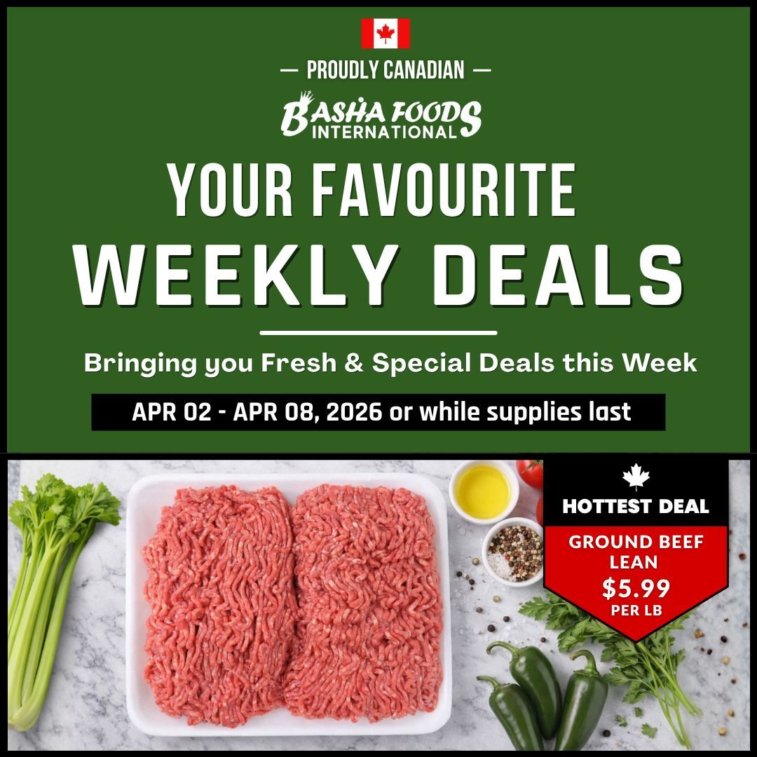 Basha Foods International flyer featuring your favourite weekly deals, bringing you fresh & special deals from April 02 to April 08, 2026. The hottest deal highlighted is Ground Beef Lean for $5.99 per lb. The page also shows fresh celery, ground beef in a tray, olive oil, spices, and jalapeños.