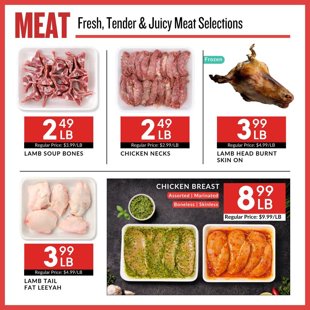 Basha Foods International weekly flyer specials page 3 features a variety of meat selections. Top row includes Lamb Soup Bones for $2.49/lb (regular price $3.99/lb), Chicken Necks for $2.49/lb (regular price $2.99/lb), and frozen Lamb Head Burnt Skin On for $3.99/lb (regular price $4.99/lb). Bottom row features Lamb Tail Fat Leeyah for $3.99/lb (regular price $4.99/lb). Also available are Chicken Breast, assorted, marinated, boneless, and skinless, for $8.99/lb (regular price $9.99/lb).