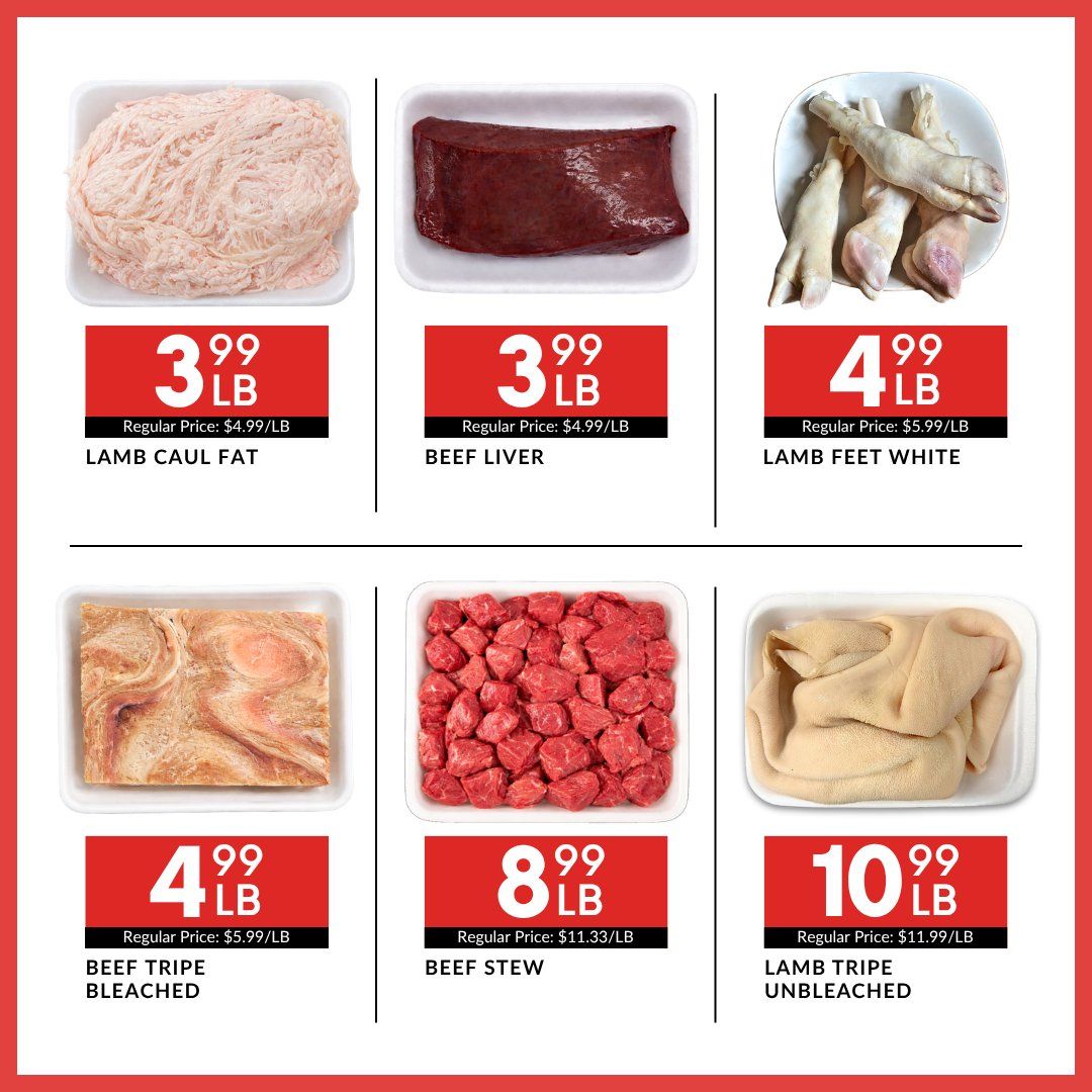 Basha Foods International weekly flyer specials page 4 features various meat products. Lamb Caul Fat is priced at $3.99/lb with a regular price of $4.99/lb. Beef Liver is also $3.99/lb, with a regular price of $4.99/lb. Lamb Feet White are available for $4.99/lb, with a regular price of $5.99/lb. Beef Tripe Bleached is $4.99/lb, with a regular price of $5.99/lb. Beef Stew is priced at $8.99/lb, with a regular price of $11.33/lb. Lastly, Lamb Tripe Unbleached is $10.99/lb, with a regular price of $11.99/lb.
