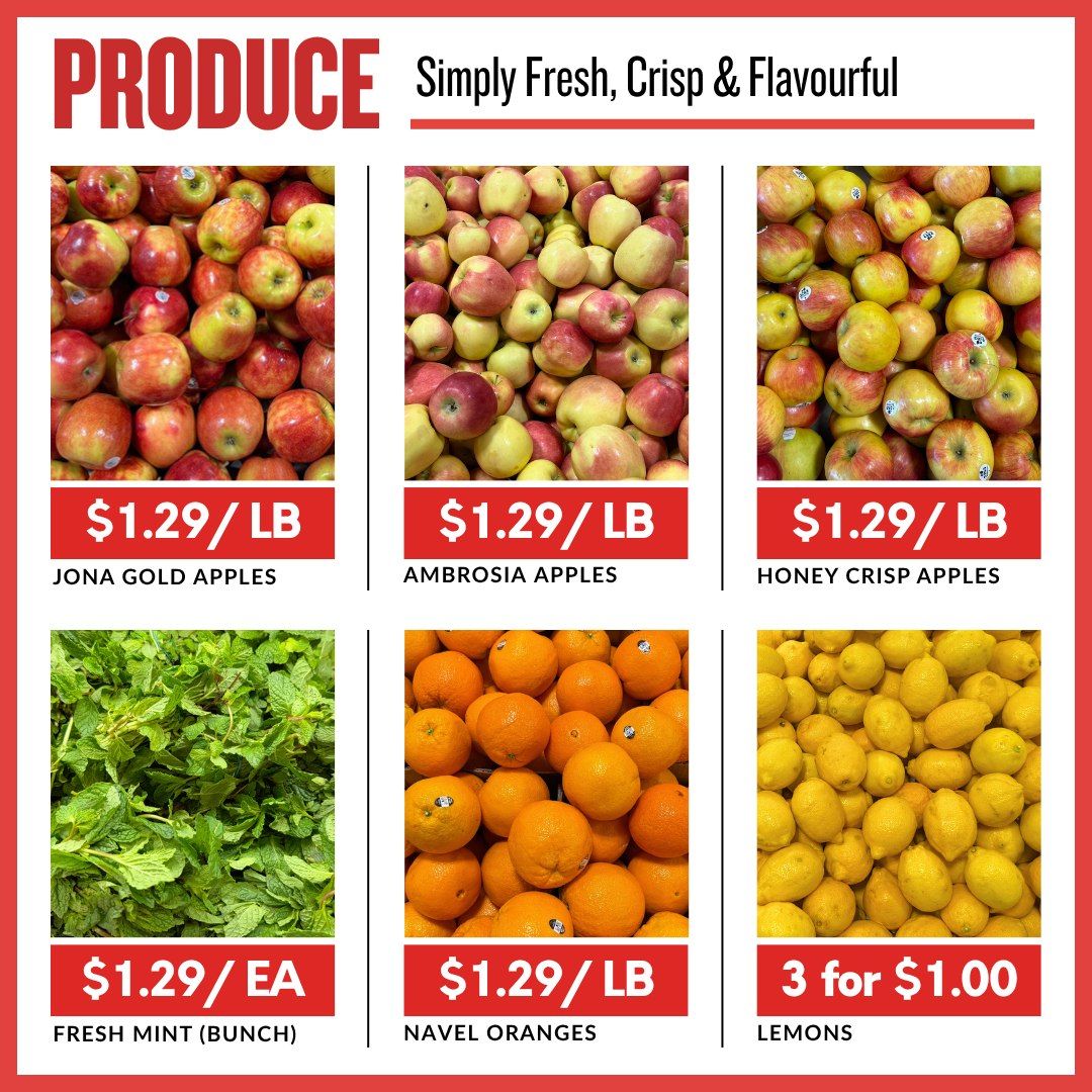 Basha Foods International weekly flyer specials page 5, featuring fresh produce. Jona Gold Apples are $1.29 per pound. Ambrosia Apples are $1.29 per pound. Honey Crisp Apples are $1.29 per pound. Fresh Mint (bunch) is $1.29 each. Navel Oranges are $1.29 per pound. Lemons are 3 for $1.00.