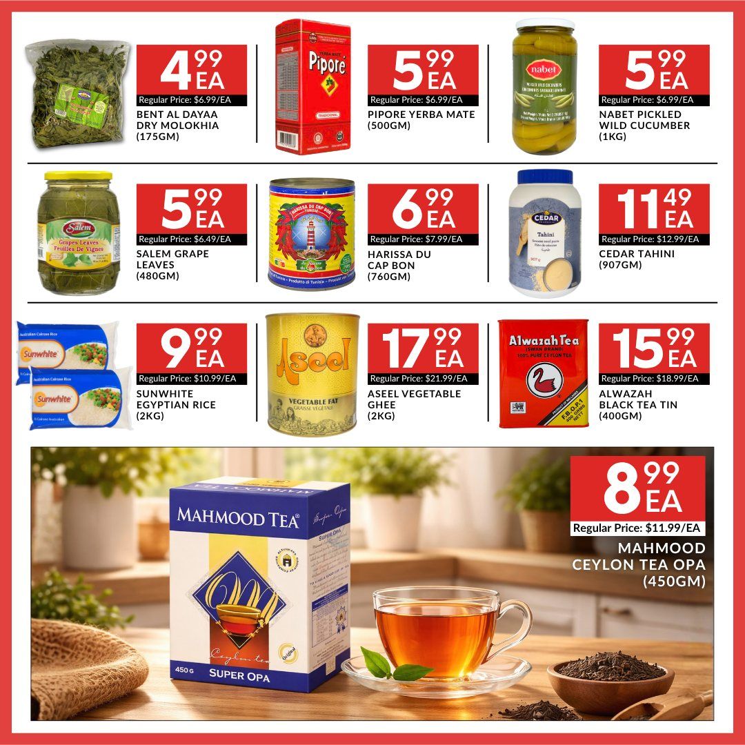 Basha Foods International weekly flyer specials, page 8. Featured products include Bent Al Dayaa Dry Molokhia for $4.99/EA (regular $6.99/EA), Pipore Yerba Mate for $5.99/EA (regular $6.99/EA), and Nabet Pickled Wild Cucumber for $5.99/EA (regular $6.99/EA). Also available are Salem Grape Leaves for $5.99/EA (regular $6.49/EA), Harissa Du Cap Bon for $6.99/EA (regular $7.99/EA), and Cedar Tahini for $11.49/EA (regular $12.99/EA). Sunwhite Egyptian Rice (2KG) is priced at $9.99/EA (regular $10.99/EA), Aseel Vegetable Ghee (2KG) is $17.99/EA (regular $21.99/EA), and Alwazah Black Tea Tin (400GM) is $15.99/EA (regular $18.99/EA). Finally, Mahmood Ceylon Tea Opa (450GM) is on sale for $8.99/EA (regular $11.99/EA).