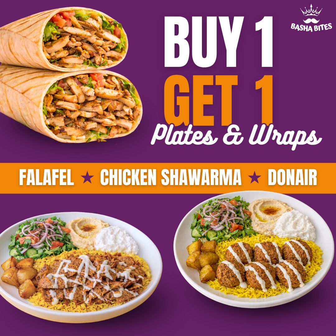 Basha Foods International flyer page 9 features a Buy 1 Get 1 offer on Plates & Wraps. The offer includes Falafel, Chicken Shawarma, and Donair options. Two wraps filled with chicken shawarma, lettuce, and tomatoes are shown at the top. Below, a plate displays chicken shawarma served over rice with salad and dips. Another plate features falafel with rice, salad, and dips. The promotion is valid from April 2nd to April 8th, 2026.