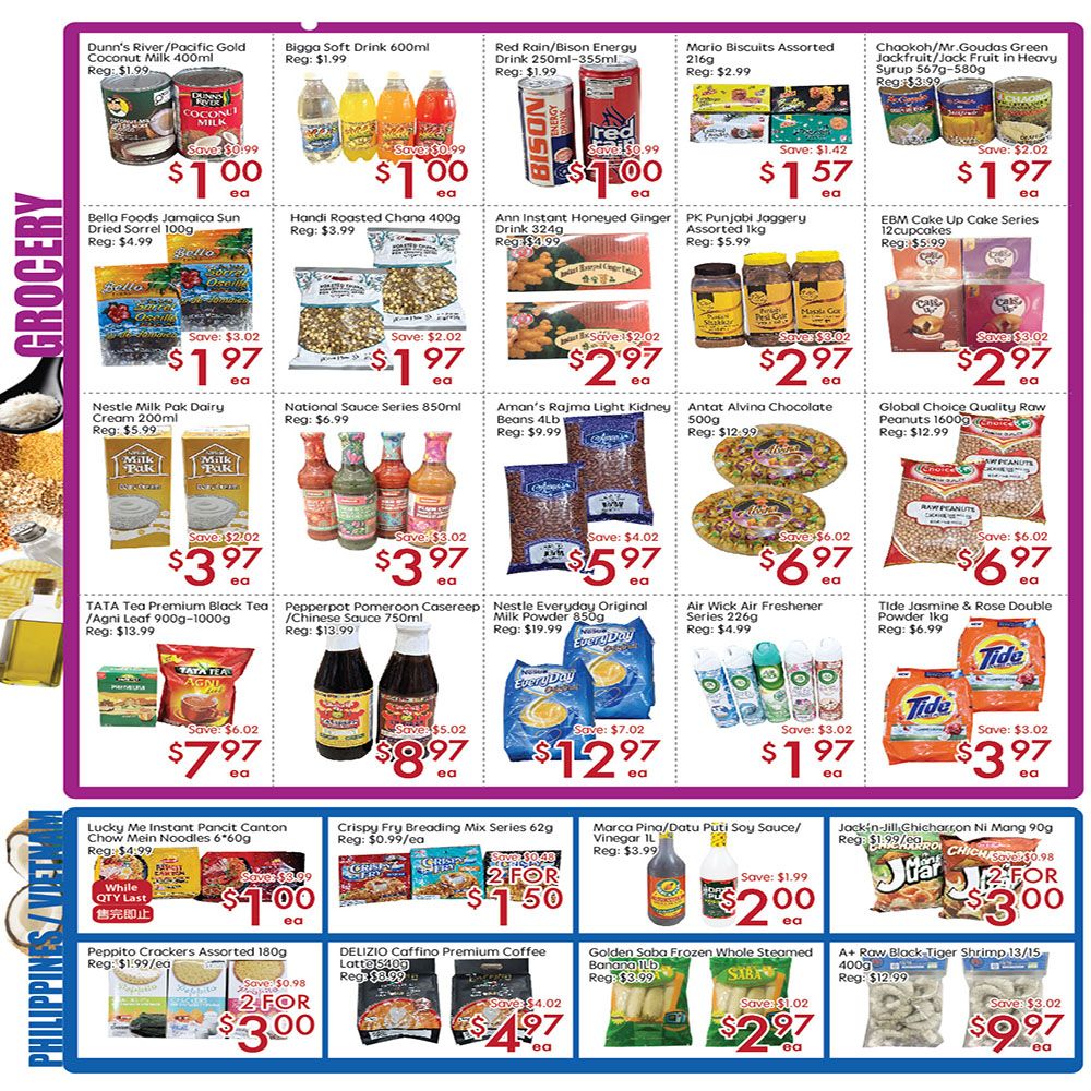 Sunny Foodmart weekly flyer specials page 2 features a variety of grocery items. Highlights include Dunn's River/Pacific Gold Coconut Milk for $1.00, Bigga Soft Drink for $1.00, and Red Rain/Bison Energy Drink for $1.00. Also featured are Bella Foods Jamaica Sun Dried Sorrel for $1.97, National Sauce Series for $3.97, and Antat Alvina Chocolate for $6.97. Other deals include TATA Premium Black Tea for $7.97, Nestlé Everyday Original Milk Powder for $12.97, and Tide Jasmine & Rose Double Powder for $3.97. Additionally, find Lucky Me Instant Pancit Canton for $1.00 (while QTY last), Crispy Fry Breading Mix Series for $1.50 (2 for $1.50), and Marca Pina/Datu Puti Soy Sauce/Vinegar for $2.00. The page also shows Peppito Crackers for $3.00 (2 for $3.00), DELIZIO Caffino Premium Coffee Latte for $4.97, and Golden Saba Frozen Whole Steamed Banana for $2.97. Finally, A+ Raw Black Tiger Shrimp is available for $9.97.