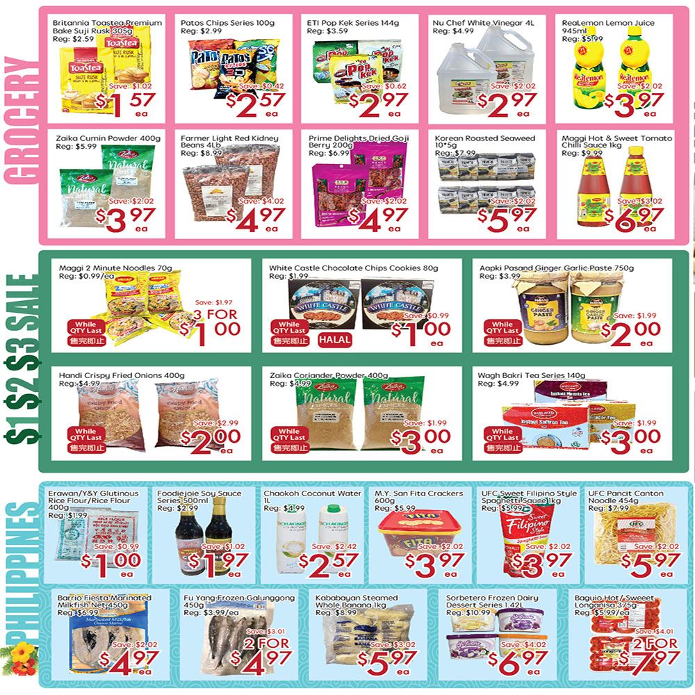 Sunny Foodmart weekly flyer specials page 2 features grocery and Philippines sections. Grocery deals include Britannia Toastea Premium Bake Suji Rusk for $1.57, Patos Chips Series for $2.57, ETI Pop Kek Series for $2.97, Nu Chef White Vinegar 4L for $2.97, and Realemon Lemon Juice for $3.97. Also featured are Zaika Cumin Powder for $3.97, Farmer Light Red Kidney Beans for $4.97, Prime Delights Dried Goji Berry for $4.97, Korean Roasted Seaweed for $5.97, and Maggi Hot & Sweet Tomato Chilli Sauce for $6.97. In the sale section, Maggi 2 Minute Noodles are 3 for $1.00, White Castle Chocolate Chips Cookies are $1.00, Handi Crispy Fried Onions are $2.00, Zaika Coriander Powder is $3.00, and Wagh Bakri Tea Series is $3.00. The Philippines section offers Erawan Y&Y Glutinous Rice Flour for $1.00, Foodiejoie Soy Sauce Series for $1.97, Chaokoh Coconut Water for $2.57, M.Y. San Fita Crackers for $3.97, UFC Sweet Filipino Style Spaghetti Sauce for $3.97, and UFC Panit Canton Noodle for $5.97. Additional deals include Barrio Fiesta Marinated Milkfish for $4.97, Fu Yang Frozen Galunggong for 2 for $4.97, Kababayan Steamed Whole Banana for $5.97, Sorbetero Frozen Dairy Dessert for $6.97, and Baguio Hot & Sweet Longanisa for 2 for $7.97.