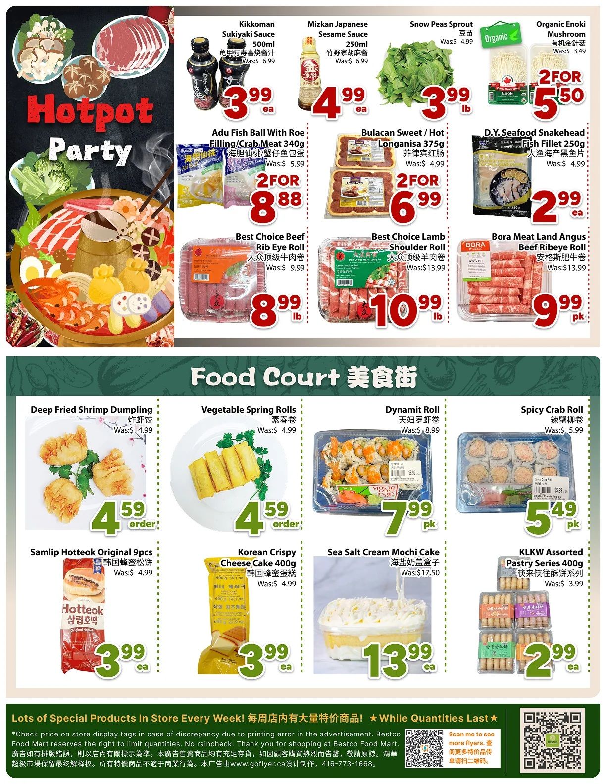 Bestco Food Mart weekly flyer specials page 4 features a 'Hotpot Party' section with Kikkoman Sukiyaki Sauce for $3.99 each, Mizkan Japanese Sesame Sauce for $4.99 each, Snow Peas Sprout for $3.99 lb, and Organic Enoki Mushroom for 2 for $5.50. Also available are Adu Fish Balls with Roe for 2 for $8.88, Bulacan Sweet/Hot Longanisa 375g for 2 for $6.99, and D.Y. Seafood Snakehead Fish Fillet 250g for $2.99 each. Featured meats include Best Choice Beef Rib Eye Roll for $8.99 lb, Best Choice Lamb Shoulder Roll for $10.99 lb, and Bora Meat Land Angus Beef Ribeye Roll for $9.99 pk. The 'Food Court' section offers Deep Fried Shrimp Dumplings for $4.59 order, Vegetable Spring Rolls for $4.59 order, Dynamit Roll for $7.99 pk, and Spicy Crab Roll for $5.49 pk. Additionally, Samlip Hotteok Original 9pcs are $3.99 each, Korean Crispy Cheese Cake 400g is $3.99 each, Sea Salt Cream Mochi Cake is $13.99 each, and KLKW Assorted Pastry Series 400g is $2.99 each.