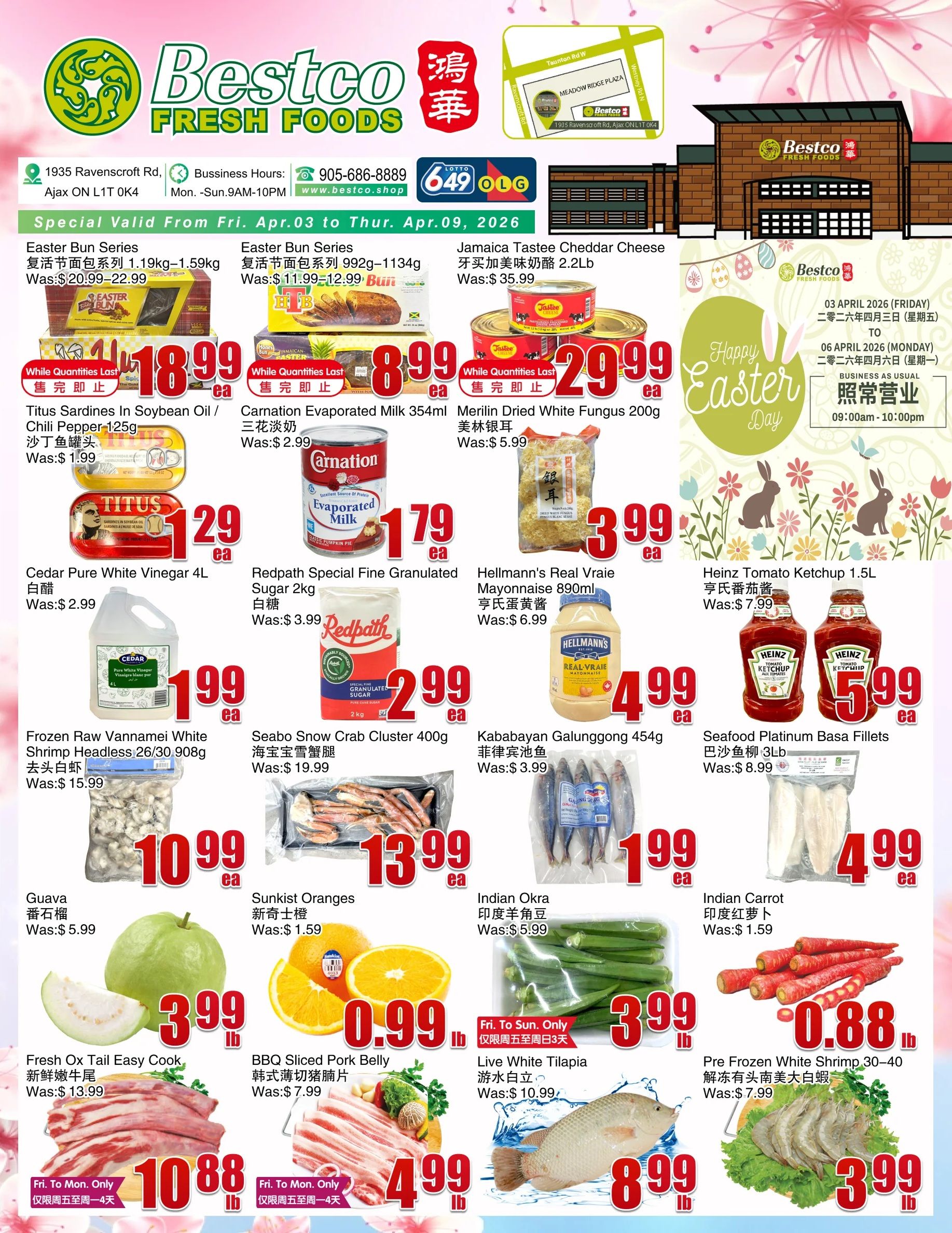 Bestco Fresh Foods flyer for Ajax, valid April 3 to April 9, 2026. Featured items include Easter Bun Series for $18.99 and $8.99, Titus Sardines in Soybean Oil / Chili Pepper 125g for $1.29, Carnation Evaporated Milk 354ml for $1.79, Merilin Dried White Fungus 200g for $3.99, Cedar Pure White Vinegar 4L for $1.99, Redpath Special Fine Granulated Sugar 2kg for $2.99, Hellmann's Real Vraie Mayonnaise 890ml for $4.99, Heinz Tomato Ketchup 1.5L for $5.99, Frozen Raw Vannamei White Shrimp Headless 26/30 908g for $10.99, Seabo Snow Crab Cluster 400g for $13.99, Kababayan Galunggong 454g for $3.99, Seafood Platinum Basa Fillets 3lb for $4.99. Also on sale are Guava for $3.99/lb, Sunkist Oranges for $0.99/lb, Indian Okra for $3.99/lb, Indian Carrot for $0.88/lb, Fresh Ox Tail Easy Cook for $10.88/lb (Fri. to Mon. Only), BBQ Sliced Pork Belly for $4.99/lb (Fri. to Mon. Only), and Live White Tilapia for $8.99/lb (Fri. to Sun. Only). Pre Frozen White Shrimp 30-40 is $3.99/lb.
