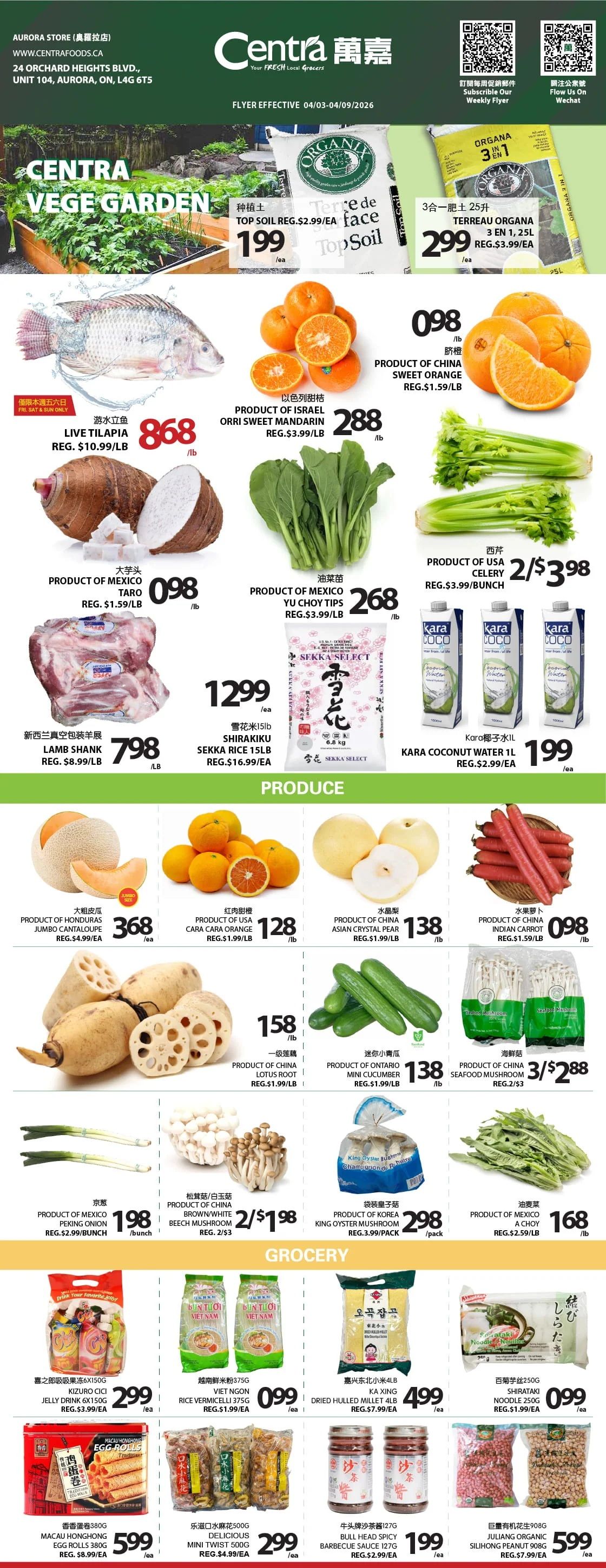 Centra Food Market weekly flyer specials for April 3-9, 2026. Featured items include Organix Top Soil for $1.99/ea and Organix 3-in-1 Terreau for $2.99/ea. Produce highlights: Live Tilapia for $8.68/lb, Product of Israel Orri Sweet Mandarin for $2.88/lb, Product of Mexico Yu Choy Tips for $2.68/lb, Product of USA Celery for $3.98/2 bunches, Product of Honduras Jumbo Cantaloupe for $3.68/ea, Product of USA Cara Cara Orange for $1.28/lb, Product of China Asian Crystal Pear for $1.38/lb, Product of China Indian Carrot for $0.98/lb, Product of China Lotus Root for $1.58/lb, Product of Ontario Mini Cucumber for $1.38/lb, Product of China Seafood Mushroom for $3/288, Product of Mexico Peking Onion for $1.98/bunch, Product of China Brown/White Beech Mushroom for $2/$1.98, Product of Korea King Oyster Mushroom for $2.98/pack. Grocery items: Sekka Rice 15lb for $12.99/ea, Kara Coconut Water 1L for $1.99/ea. Also featured are Kizuro Cici Jelly Drink 6x150ml for $2.99/ea, Viet Ngan Rice Vermicelli 375g for $0.99/ea, Ka Xing Dried Hulled Millet 4lb for $4.99/ea, Macau Honghong Egg Rolls 380g for $5.99/ea, Delicious Mini Twist 500g for $2.99/ea, Bull Head Spicy Barbecue Sauce 127g for $1.99/ea, and Juliang Organic Silihong Peanut 908g for $5.99/ea.
