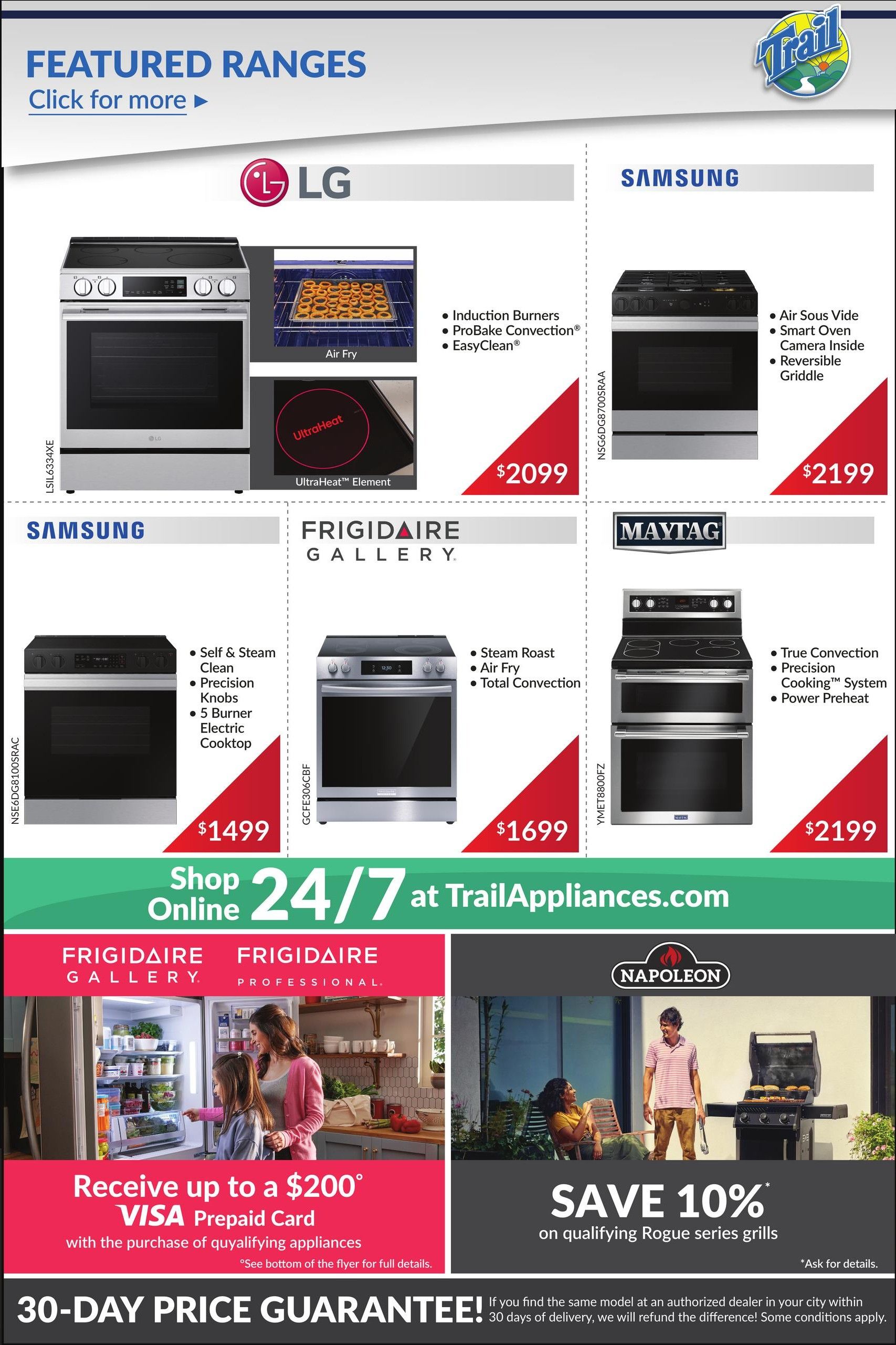 Trail Appliances weekly flyer specials for Alberta and Saskatchewan, page 4. Featured ranges include an LG range with Induction Burners, ProBake Convection, and EasyClean for $2099. A Samsung range with Air Sous Vide, Smart Oven, and Reversible Griddle is available for $2199. Another Samsung range with Self & Steam Clean, Precision Knobs, and a 5 Burner Electric Cooktop is priced at $1499. A Frigidaire Gallery range with Steam Roast, Air Fry, and Total Convection is $1699. A Maytag range with True Convection, Precision Cooking System, and Power Preheat is $2199. The flyer also promotes receiving up to a $200 VISA Prepaid Card with the purchase of qualifying appliances and a 10% savings on qualifying Napoleon Rogue series grills. Shop online 24/7 at TrailAppliances.com. A 30-Day Price Guarantee is also featured.
