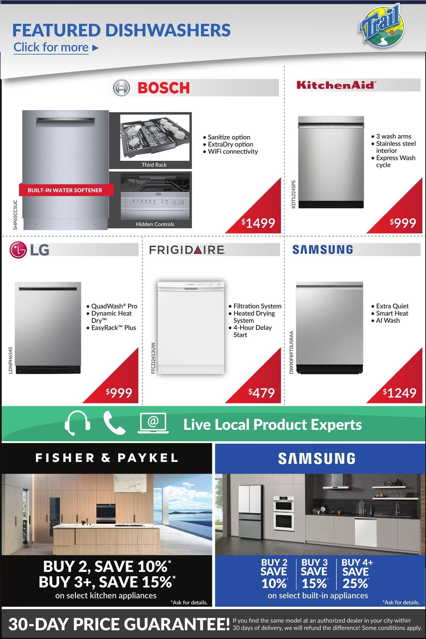 Trail Appliances weekly flyer specials page 6 features a selection of dishwashers. Featured brands include Bosch, KitchenAid, LG, Frigidaire, and Samsung. The Bosch dishwasher is priced at $1499 and includes features like a sanitize option, ExtraDry option, and WiFi connectivity. The KitchenAid dishwasher is $999 and has 3 wash arms, a stainless steel interior, and an Express Wash cycle. The LG dishwasher is $999 and offers QuadWash Pro, Dynamic Heat Dry, and EasyRack Plus. The Frigidaire dishwasher is $479 with a filtration system, heated drying system, and a 4-hour delay start. The Samsung dishwasher is $1249 and is extra quiet with Smart Heat and AI Wash. The bottom of the page highlights Fisher & Paykel kitchen appliances with a buy 2, save 10% or buy 3+, save 15% offer on select kitchen appliances. Samsung built-in appliances are also featured with a tiered savings offer: buy 2, save 10%; buy 3, save 15%; buy 4+, save 25% on select built-in appliances. A 30-Day Price Guarantee is also advertised.