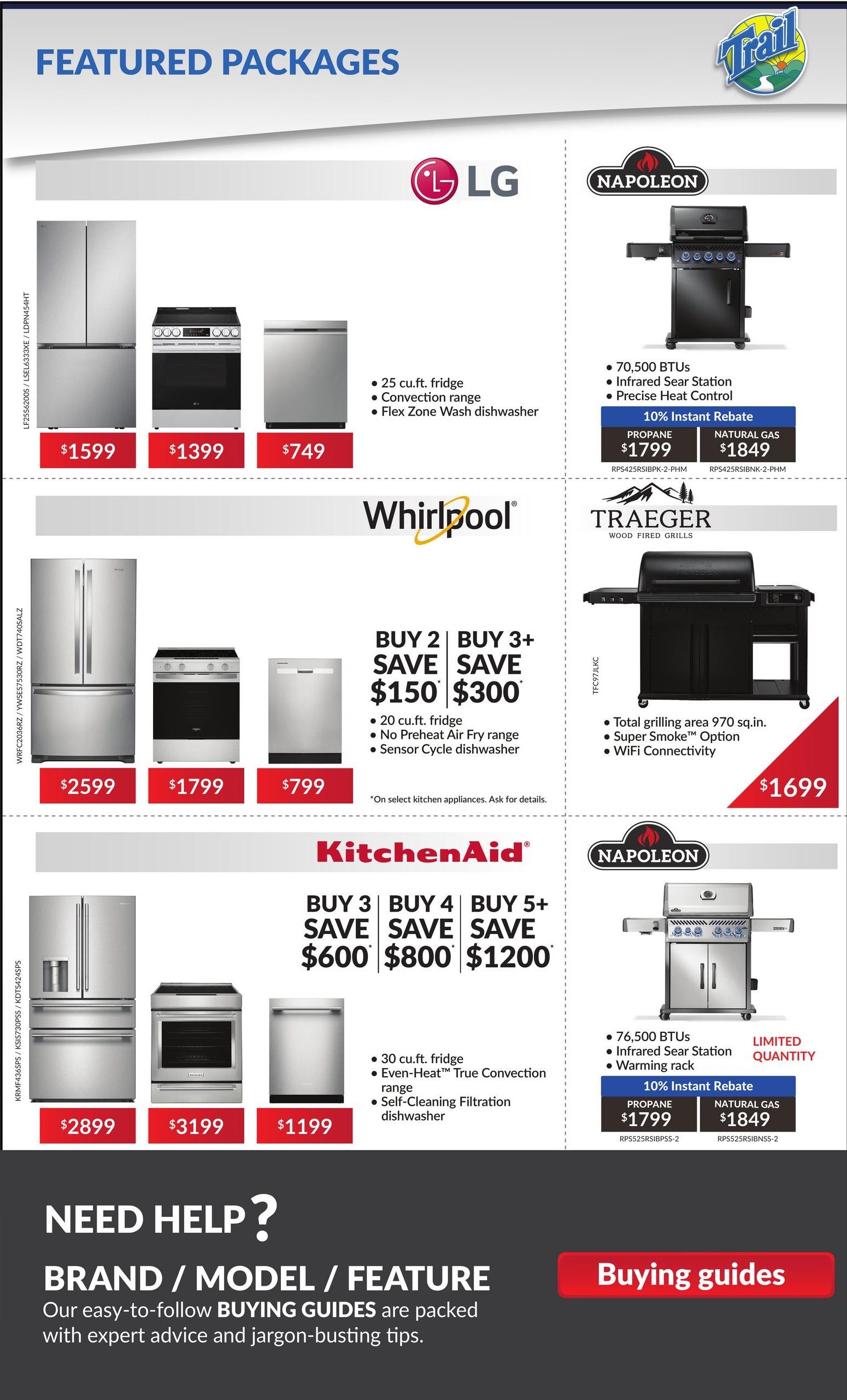 Trail Appliances weekly flyer specials page 8 features a 'Featured Packages' section. On the left, LG appliances include a 25 cu.ft. fridge for $1599, a convection range for $1399, and a Flex Zone wash dishwasher for $749. Below, Whirlpool kitchen appliances offer savings: buy 2 and save $150, buy 3+ and save $300 on a 20 cu.ft. fridge, No Preheat Air Fry range, and Sensor Cycle dishwasher. Prices shown are $2599 for the fridge, $1799 for the range, and $799 for the dishwasher. On the right, Napoleon grills are featured: a propane grill with 70,500 BTUs, Infrared Sear Station, and Precise Heat Control is $1799 with a 10% instant rebate, and a natural gas model is $1849 with the same rebate. A Traeger wood-fired grill with 970 sq.in. total grilling area, Super Smoke Option, and WiFi Connectivity is $1699. Further down, KitchenAid appliances offer savings: buy 3 and save $600, buy 4 and save $800, buy 5+ and save $1200 on a 30 cu.ft. fridge, Even-Heat True Convection range, and Self-Cleaning Filtration dishwasher. Prices are $2899 for the fridge, $3199 for the range, and $1199 for the dishwasher. The bottom section is titled 'Need Help?' and promotes Brand/Model/Feature buying guides.
