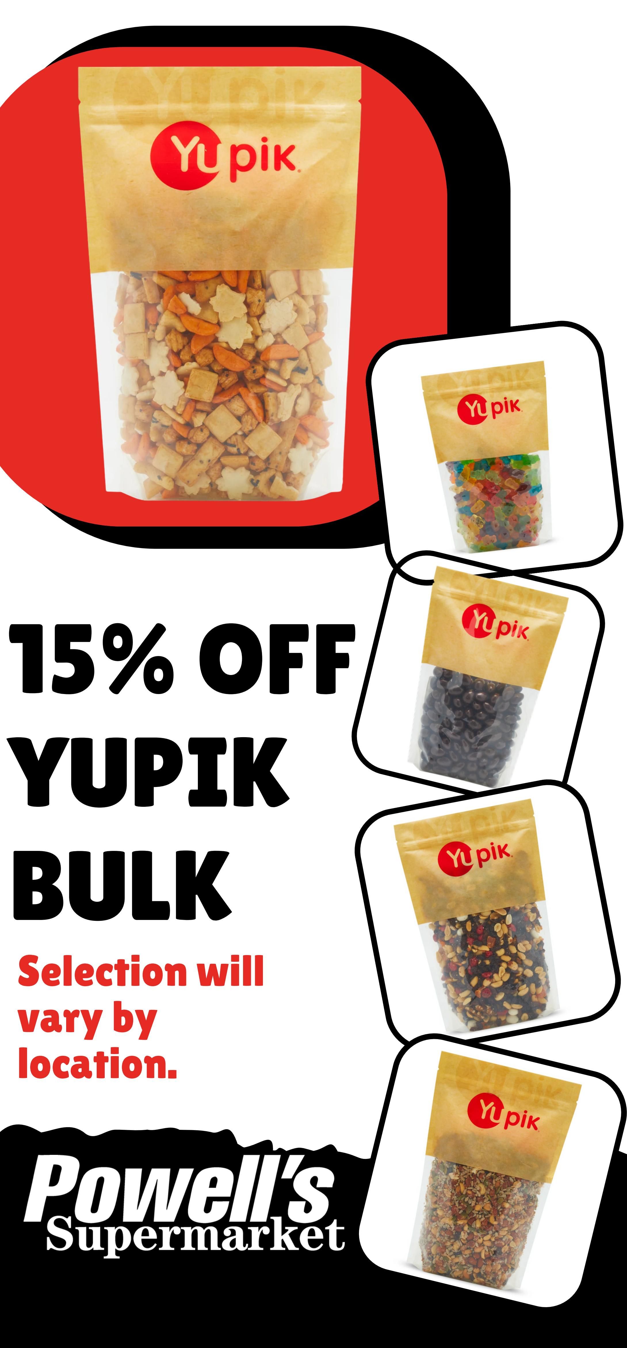 Powell's Supermarket weekly flyer specials page 3 features a 15% off discount on Yu Pik bulk snacks. The page displays various Yu Pik products including a large bag of mixed snacks, a bag of colourful gummy candies, a bag of dark chocolate or coffee beans, a bag of trail mix with nuts and dried fruit, and another bag of mixed nuts and seeds. The offer states that the selection will vary by location.