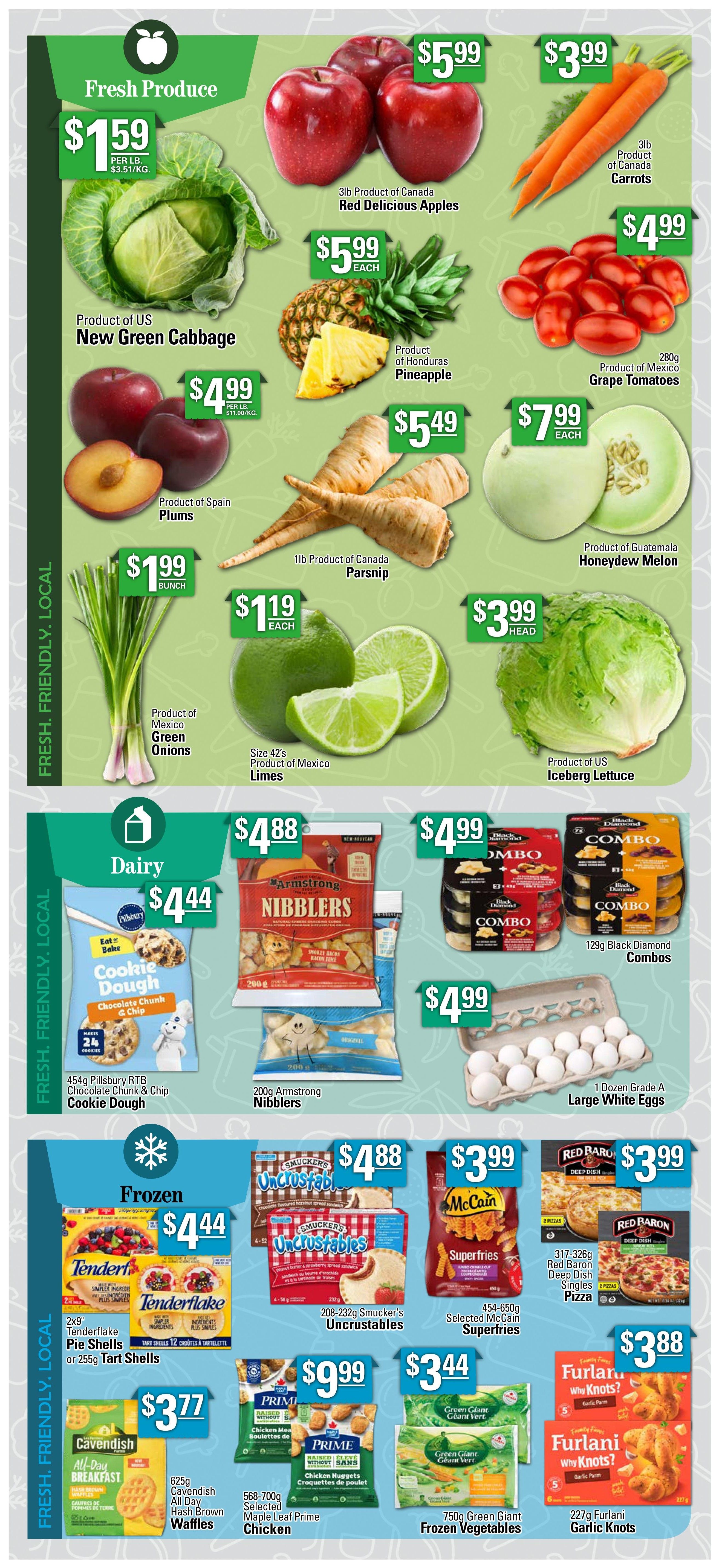 Powell's Supermarket weekly flyer specials, page 5. Fresh Produce section features: US New Green Cabbage for $1.59 per lb, 3lb Product of Canada Red Delicious Apples for $5.99 each, 3lb Product of Canada Carrots for $3.99, Product of Spain Plums for $4.99 per lb, Product of Honduras Pineapple for $5.99 each, 280g Product of Mexico Grape Tomatoes for $4.99, 1lb Product of Canada Parsnip for $5.49, Product of Guatemala Honeydew Melon for $7.99 each, Product of Mexico Green Onions for $1.99 per bunch, Size 42's Product of Mexico Limes for $1.19 each, and Product of US Iceberg Lettuce for $3.99 per head. Dairy section includes: 454g Pillsbury RTB Chocolate Chunk & Chip Cookie Dough for $4.44, 200g Armstrong Nibblers for $4.88, 129g Black Diamond Combos for $4.99, and 1 Dozen Grade A Large White Eggs for $4.99. Frozen section offers: 2x9' Tenderflake Pie Shells or 255g Tart Shells for $4.44, 208-232g Smucker's Uncrustables for $4.88, 454-650g Selected McCain Superfries for $3.99, 317-326g Red Baron Deep Dish Singles Pizza for $3.99, 625g Cavendish All-Day Breakfast Hash Brown Waffles for $3.77, 568-700g Selected Maple Leaf Prime Chicken for $9.99, 750g Green Giant Frozen Vegetables for $3.44, and 227g Furlani Garlic Knots for $3.88.