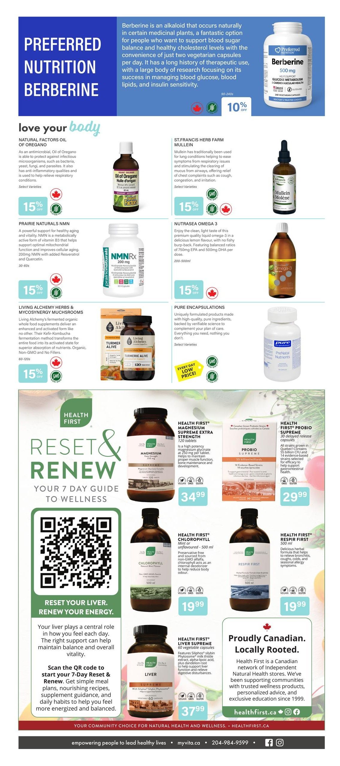 Vita Health Fresh Market flyer specials page 2. Features Preferred Nutrition Berberine 500 mg, on sale for 10% off. Natural Factors Oil of Oregano, St. Francis Herb Farm Mullein, Prairie Naturals NMN, Nutrasea Omega 3, and Living Alchemy Herbs & Mycosynergy Muchrooms Turmeric Alive are all 15% off. Pure Encapsulations Prenatal Nutrients are 'Every Day Low Price'. Health First Magnesium Supreme Extra Strength 120 tablets for $34.99. Health First Chlorophyll Mint or Unflavoured 500 ml for $19.99. Health First Probio Supreme 30 delayed release capsules for $29.99. Health First Respir First 500 ml for $19.99. Health First Liver Supreme 60 vegetable capsules for $37.99. The page also includes a QR code for a 7-Day Reset & Renew wellness guide.
