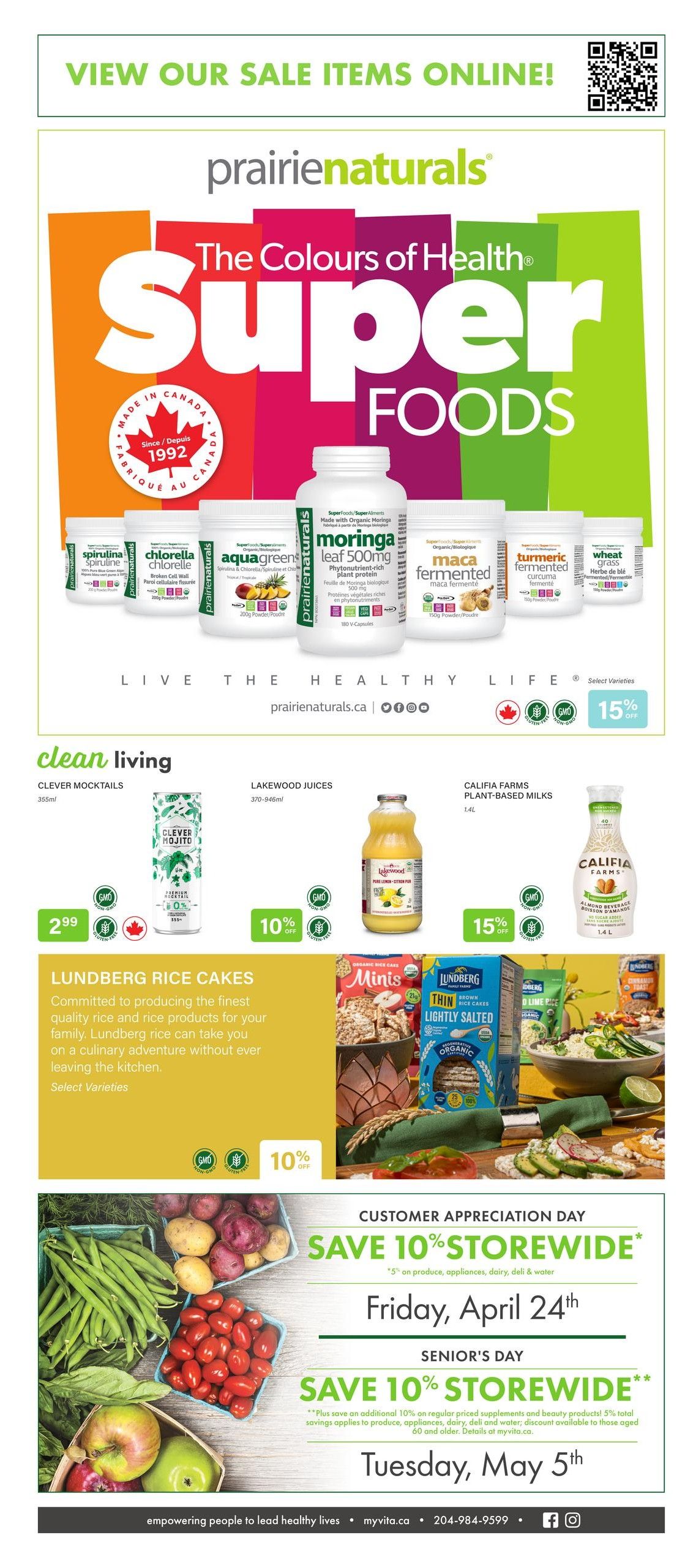 Vita Health Fresh Market flyer page 3 features Prairie Naturals Super Foods including Spirulina, Chlorella, Aquagreens, Moringa Leaf 500mg, Fermented Turmeric, and Wheat Grass. Also on sale are Clever Mocktails for $2.99, Lakewood Juices with 10% off, and Califia Farms Plant-Based Milks with 15% off. Lundberg Rice Cakes are featured with 10% off. The page highlights Customer Appreciation Day on Friday, April 24th, with 10% storewide savings, and Senior's Day on Tuesday, May 5th, with an additional 10% off regular priced supplements and beauty products.