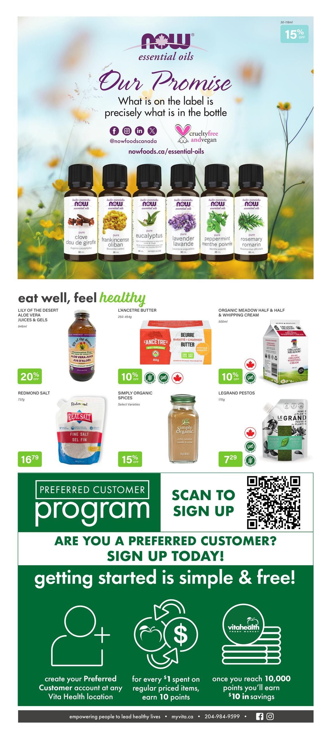 Vita Health Fresh Market flyer page 4 features NOW essential oils with a 15% off offer. Products include clove, frankincense, eucalyptus, lavender, peppermint, and rosemary essential oils. The 'Eat Well, Feel Healthy' section highlights Lily of the Desert Aloe Vera Juice & Gels at 20% off, L'Ancetre Butter at 10% off, and Organic Meadow Half & Half & Whipping Cream at 10% off. Also featured are Redmond Real Salt Fine Sea Salt for $16.79, Simply Organic Spices (Select Varieties) at 15% off, and LeGrand Pestos for $7.29. The page promotes the Vita Health Preferred Customer Program, encouraging sign-ups for benefits like earning 10 points for every $1 spent on regular priced items, and receiving $10 in savings once 10,000 points are reached.