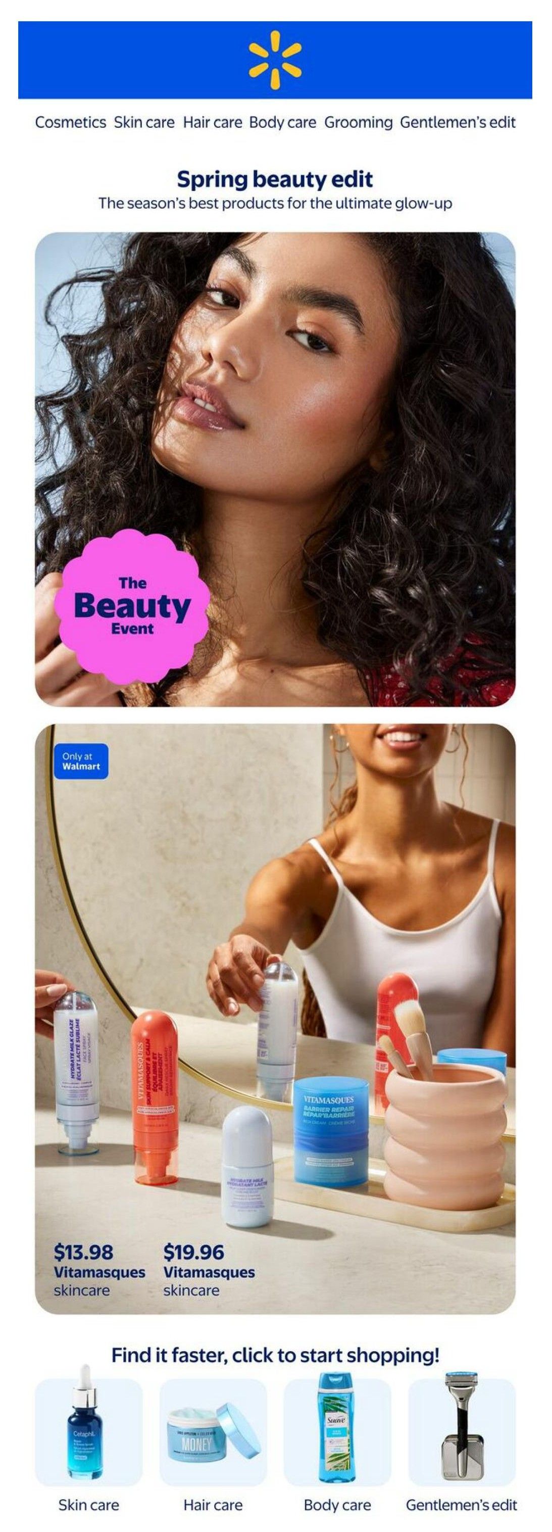 Walmart Canada Spring Beauty flyer, page 1. Features a 'The Beauty Event' with the season's best products for an ultimate glow-up. Showcases Vitamasques skincare products: one priced at $13.98 and another at $19.96. Below, find quick links to shop by category: Skin care featuring a Cetaphil product, Hair care with a 'MONEY' branded product, Body care with Suave, and Gentlemen's edit with a razor.