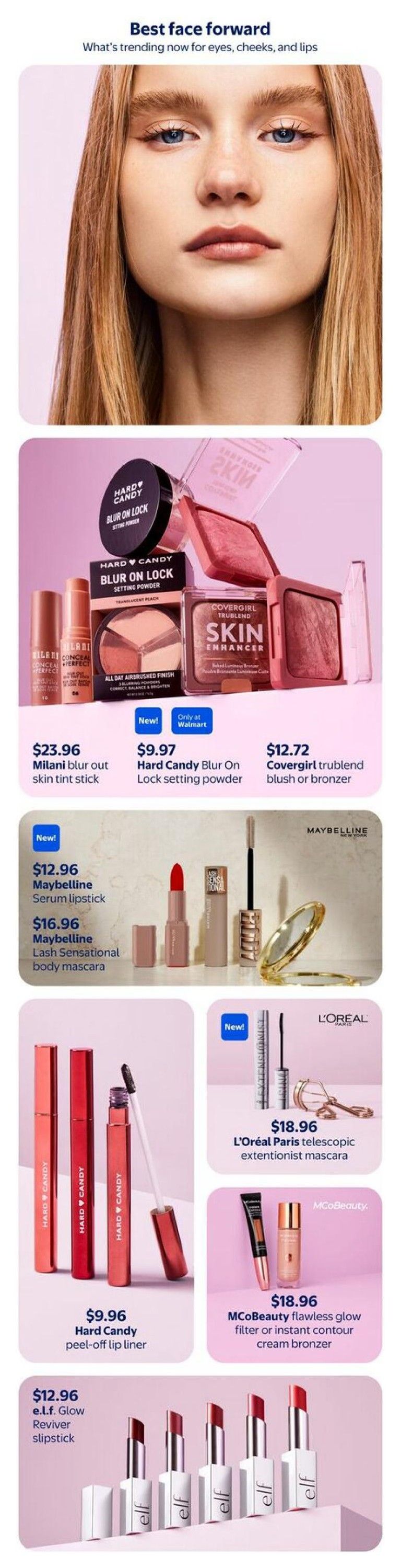 Walmart Canada Spring Beauty flyer, page 2. Features trending makeup for eyes, cheeks, and lips. Products include Milani blur out skin tint stick for $23.96, Hard Candy Blur On Lock setting powder for $9.97, and Covergirl trublend blush or bronzer for $12.72. Also available are Maybelline Serum lipstick for $12.96 and Maybelline Lash Sensational body mascara for $16.96. New items include L'Oréal Paris telescopic extentionist mascara for $18.96 and MCoBeauty flawless glow filter or instant contour cream bronzer for $18.96. Additionally, find Hard Candy peel-off lip liner for $9.96 and e.l.f. Glow Reviver lipstick for $12.96.