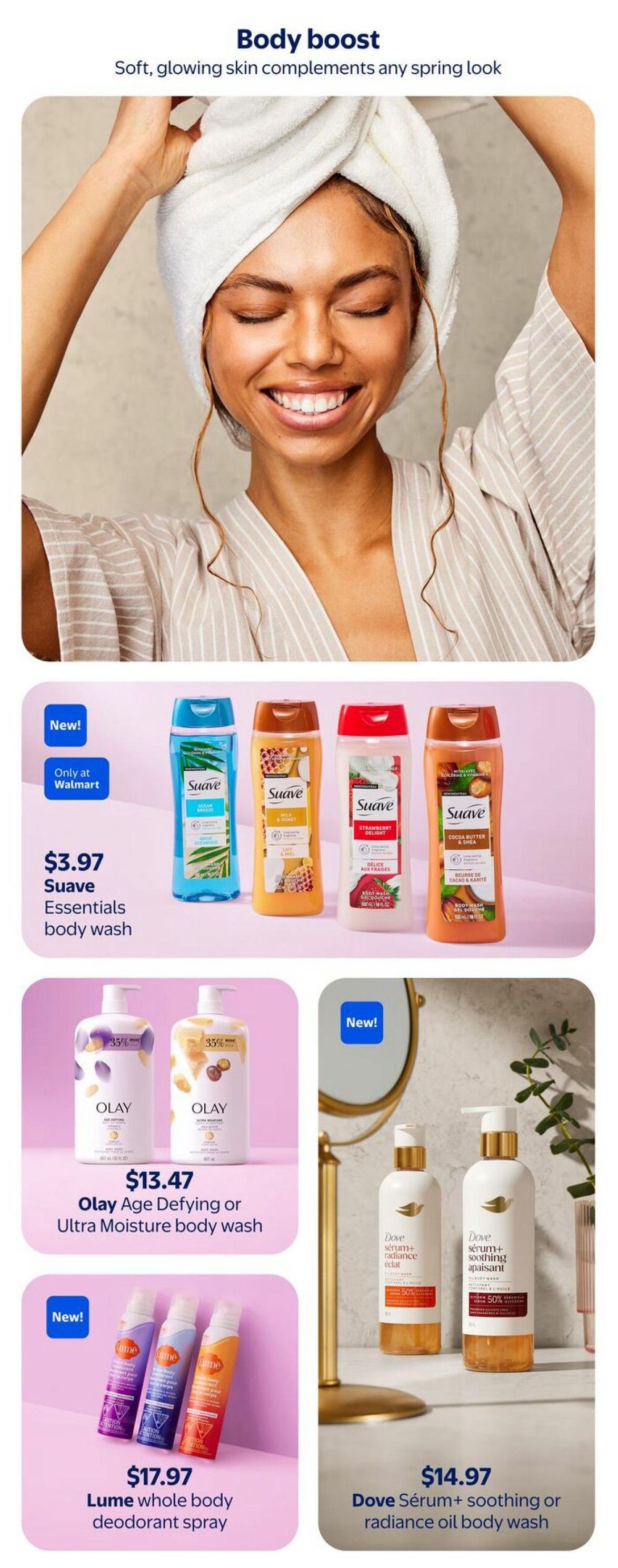 Walmart Canada flyer page 10, featuring body care products for a 'Body boost' with soft, glowing skin. Offers include Suave Essentials body wash for $3.97, available only at Walmart. Also featured are Olay Age Defying or Ultra Moisture body wash for $13.47, and Lume whole body deodorant spray for $17.97. New products include Dove Sérum+ soothing or radiance oil body wash for $14.97, with a 50% discount visible on the Dove products.