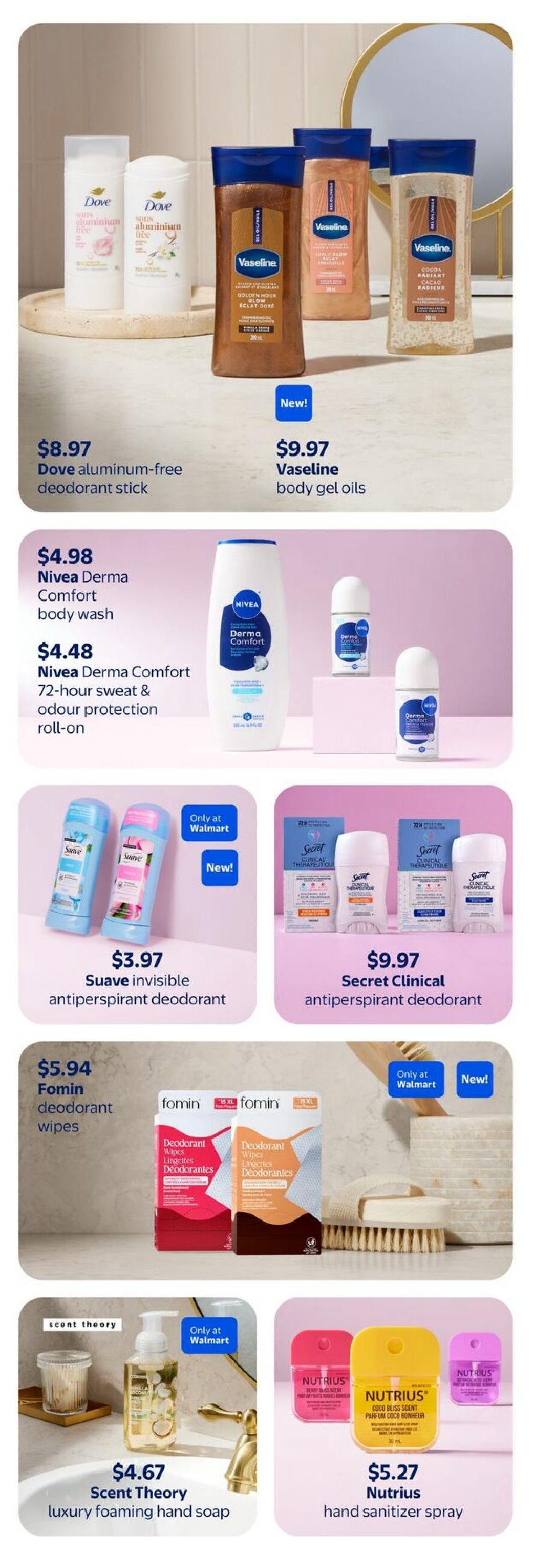 Walmart Canada Spring Beauty flyer page 11 features a variety of personal care items. Top row includes Dove aluminum-free deodorant sticks for $8.97 and Vaseline body gel oils for $9.97. The second row showcases Nivea Derma Comfort body wash for $4.98 and Nivea Derma Comfort 72-hour sweat & odour protection roll-on for $4.48. Also featured are Suave invisible antiperspirant deodorant for $3.97 and Secret Clinical antiperspirant deodorant for $9.97. The bottom section highlights Fomin deodorant wipes for $5.94, Scent Theory luxury foaming hand soap for $4.67, and Nutrius hand sanitizer spray for $5.27. Several items are marked as 'New!' and 'Only at Walmart'.
