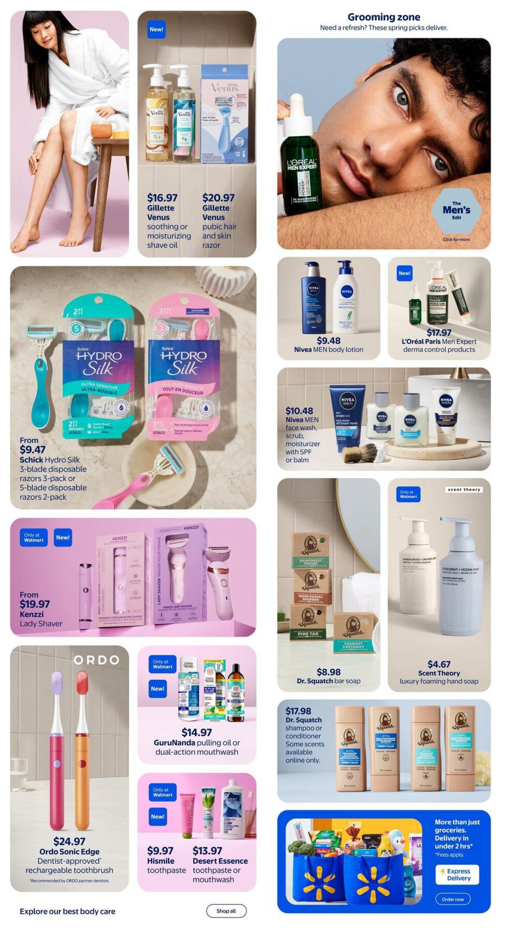 Walmart Canada Spring Beauty flyer, page 12. Features a grooming zone with L'Oréal Men Expert products. Offers Gillette Venus soothing or moisturizing shave oil for $16.97 and Gillette Venus pubic hair and skin razor for $20.97. Also includes Nivea MEN body lotion for $9.48 and L'Oréal Paris Men Expert derma control products for $17.97. Schick Hydro Silk 3-blade disposable razors 3-pack or 5-blade disposable razors 2-pack are available from $9.47. Kenzzi Lady Shaver is priced at $19.97. Nivea MEN face wash, scrub, moisturizer with SPF or balm is $10.48. Dr. Squatch bar soap is $8.98. Scent Theory luxury foaming hand soap is $4.67. GuruNanda pulling oil or dual-action mouthwash is $14.97. Hismile toothpaste is $9.97 and Desert Essence toothpaste or mouthwash is $13.97. Ordo Sonic Edge Dentist-approved rechargeable toothbrush is $24.97. Also features Dr. Squatch shampoo or conditioner for $17.98, with some scents available online only. Includes information on Walmart's express grocery delivery service.
