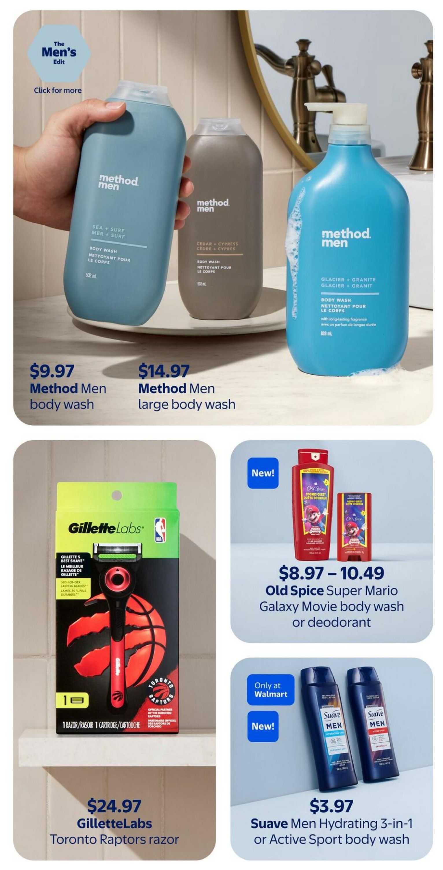 Walmart Canada Spring Beauty flyer, page 13. Featured products include Method Men body wash in Sea + Surf scent for $9.97, and Method Men large body wash in Cedar + Cypress scent for $14.97. Also available is the GilletteLabs Toronto Raptors razor for $24.97. New items include Old Spice Super Mario Galaxy Movie body wash or deodorant, priced between $8.97 and $10.49. Additionally, Suave Men Hydrating 3-in-1 or Active Sport body wash is available for $3.97, exclusively at Walmart.