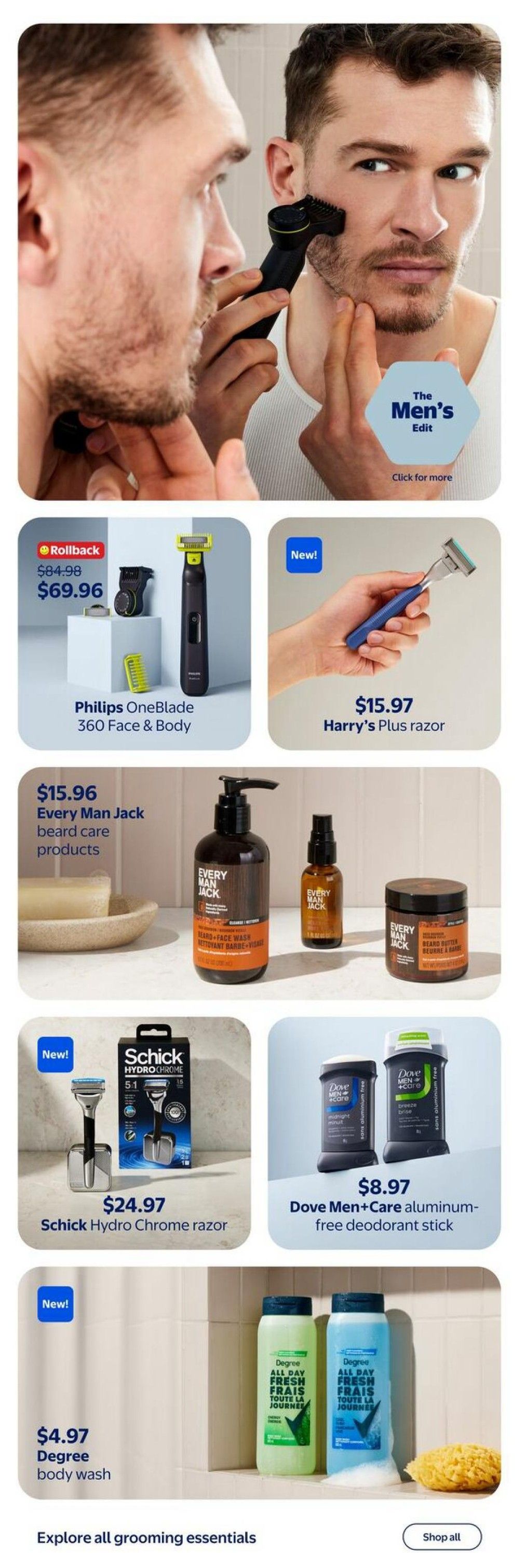 Walmart Canada Spring Beauty flyer, page 14. Features a man grooming his beard. Includes Philips OneBlade 360 Face & Body on rollback for $69.96 (originally $84.98). Also features Harry's Plus razor for $15.97. Every Man Jack beard care products are available for $15.96. Schick Hydro Chrome razor is new and priced at $24.97. Dove Men+Care aluminum-free deodorant sticks are $8.97. Degree body wash is new and costs $4.97. The page also has a section to explore all grooming essentials with a 'Shop all' button.