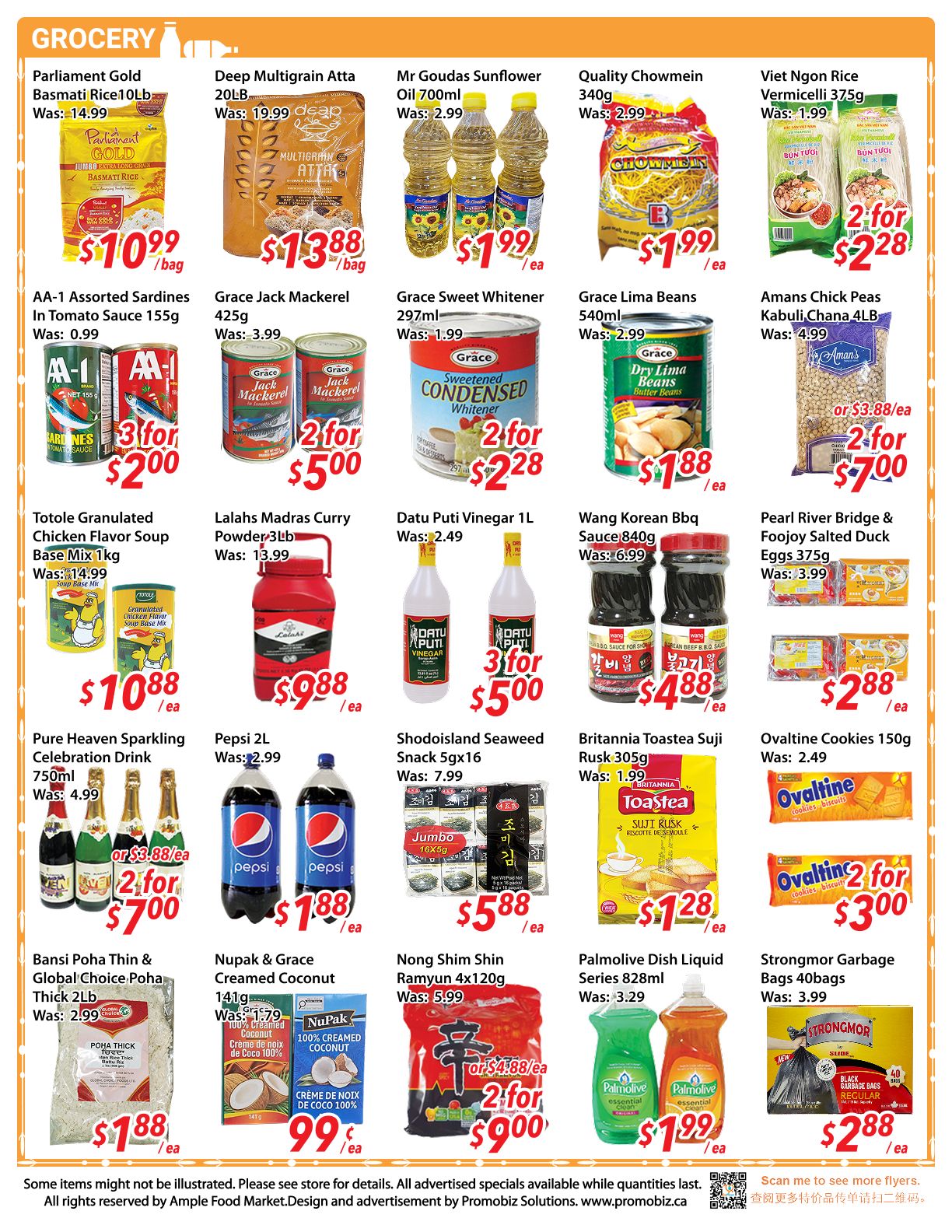 Ample Food Market weekly flyer specials page 3 features a variety of grocery items. Highlights include Parliament Gold Basmati Rice 10lb for $10.99, Deep Multigrain Atta 20lb for $13.88, Mr Goudas Sunflower Oil 700ml for $1.99, and Quality Chowmein 340g for $1.99. Also available are Viet Ngon Rice Vermicelli 357g at 2 for $2.28. Featured canned goods include AA-1 Assorted Sardines in Tomato Sauce 155g at 3 for $2.00, Grace Jack Mackerel 425g at 2 for $5.00, Grace Sweetened Condensed Milk 297ml at 2 for $2.28, Grace Lima Beans 540ml for $1.88, and Amans Chick Peas Kabuli Chana 4LB at 2 for $7.00. Other pantry staples include Totole Granulated Chicken Flavor Soup Base Mix 1kg for $10.88, Lalahs Madras Curry Powder 3lb for $9.88, Datu Puti Vinegar 1L at 3 for $5.00, Wang Korean Bbq Sauce 840g for $4.88, and Pearl River Bridge & Foojoy Salted Duck Eggs 375g for $2.88. Beverages and snacks include Pure Heaven Sparkling Celebration Drink 750ml at 2 for $7.00, Pepsi 2L for $1.88, Shodoisland Seaweed Snack 5gx16 for $5.88, Britannia Toastea Suji Rusk 305g for $1.28, and Ovaltine Cookies 150g at 2 for $3.00. Additional items are Bansi Poha Thin & Global Choice Poha Thick 2lb for $1.88, Nupak & Grace Creamed Coconut 141g for $0.99, Nong Shim Shin Ramyun 4x120g at 2 for $9.00, Palmolive Dish Liquid Series 828ml for $1.99, and Strongmor Garbage Bags 40bags for $2.88.