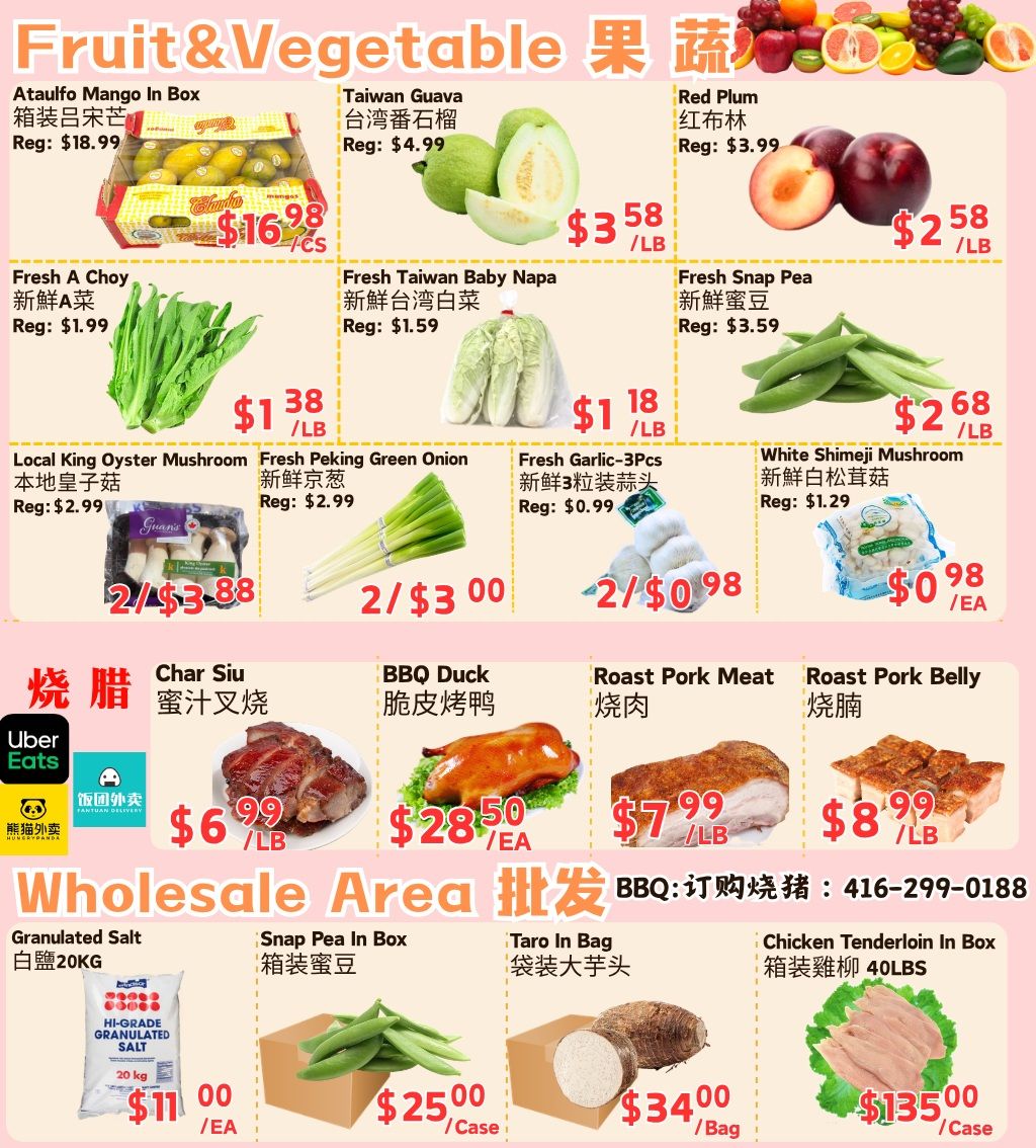 Farm Fresh Supermarket weekly flyer specials, page 4. Featured fruits and vegetables include Ataulfo Mango in a box for $16.98/cs (Reg: $18.99), Taiwan Guava for $3.58/lb (Reg: $4.99), and Red Plum for $2.58/lb (Reg: $3.99). Also available are Fresh A Choy for $1.38/lb (Reg: $1.99), Fresh Taiwan Baby Napa for $1.18/lb (Reg: $1.59), Fresh Snap Pea for $2.68/lb (Reg: $3.59), Local King Oyster Mushroom for 2 for $3.88 (Reg: $2.99), Fresh Peking Green Onion for 2 for $3.00 (Reg: $2.99), and Fresh Garlic-3 Pcs for 2 for $0.98 (Reg: $0.99). White Shimeji Mushroom is $0.98/EA (Reg: $1.29). Hot food items include Char Siu for $6.99/lb, BBQ Duck for $28.50/EA, Roast Pork Meat for $7.99/lb, and Roast Pork Belly for $8.99/lb. The wholesale area features Granulated Salt 20KG for $11.00/EA, Snap Pea In Box for $25.00/Case, Taro In Bag for $34.00/Bag, and Chicken Tenderloin In Box 40LBS for $135.00/Case. A phone number for BBQ and Pork orders is provided: 416-299-0188.