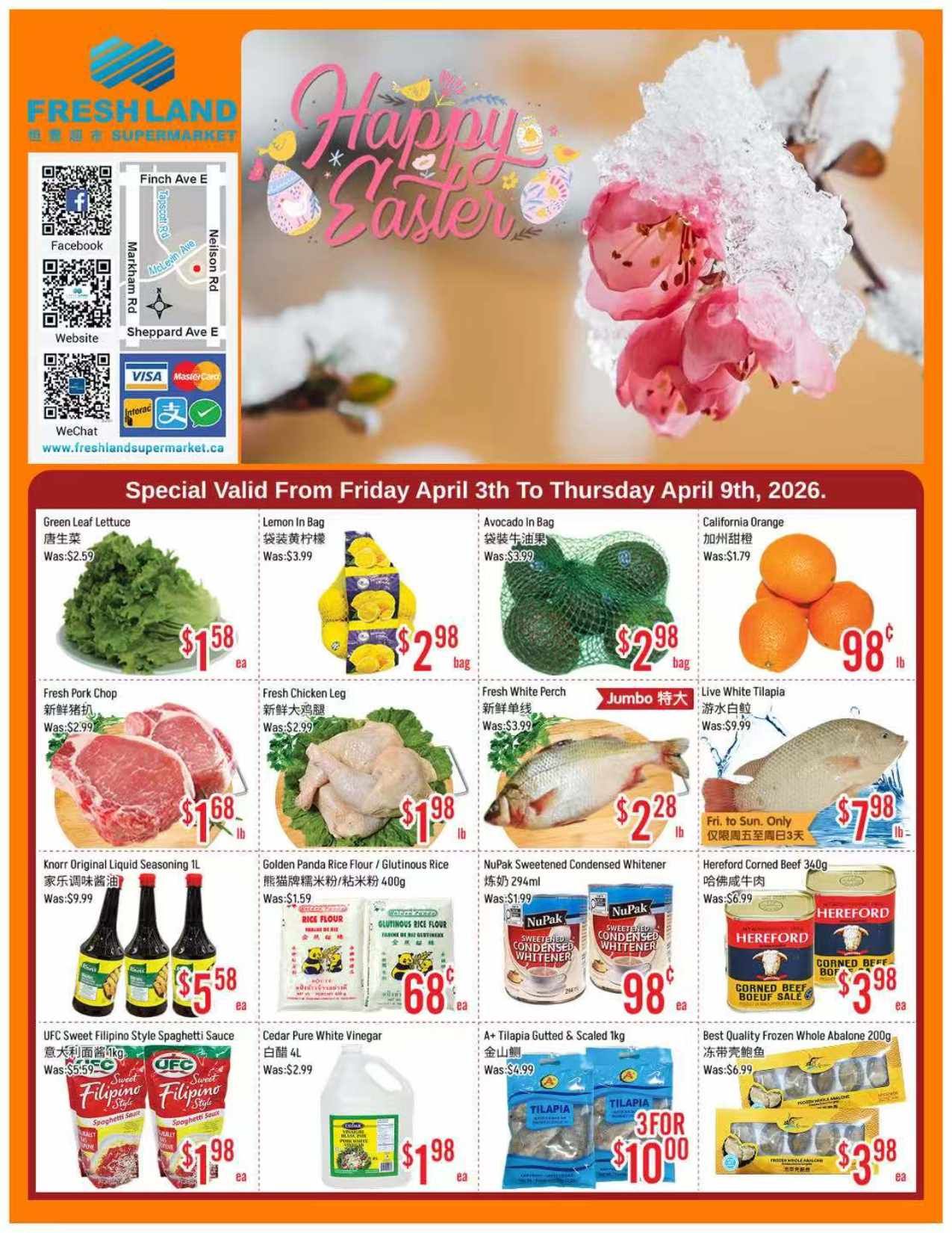 Freshland Supermarket weekly flyer specials valid from Friday, April 3rd to Thursday, April 9th, 2026. Featured items include Green Leaf Lettuce for $1.58 each, Lemons in a bag for $2.98, and Avocados in a bag for $2.98. Also available are California Oranges for $0.98 per lb, Fresh Pork Chops for $1.68 per lb, and Fresh Chicken Leg for $1.98 per lb. Fresh White Perch is priced at $2.28 per lb, and Live White Tilapia is $7.98 per lb, available Friday to Sunday only. Knorr Original Liquid Seasoning 1L is $5.58 for three bottles. Golden Panda Rice Flour/Glutinous Rice is $0.68 per bag. NuPak Sweetened Condensed Whitener is $0.98 each. Hereford Corned Beef 340g is $3.98 for two cans. UFC Sweet Filipino Style Spaghetti Sauce is $1.98 per jar. Cedar Pure White Vinegar 4L is $1.98 per jug. A+ Tilapia Gutted & Scaled 1kg is 3 for $10.00. Best Quality Frozen Whole Abalone 200g is $3.98 for two packages.