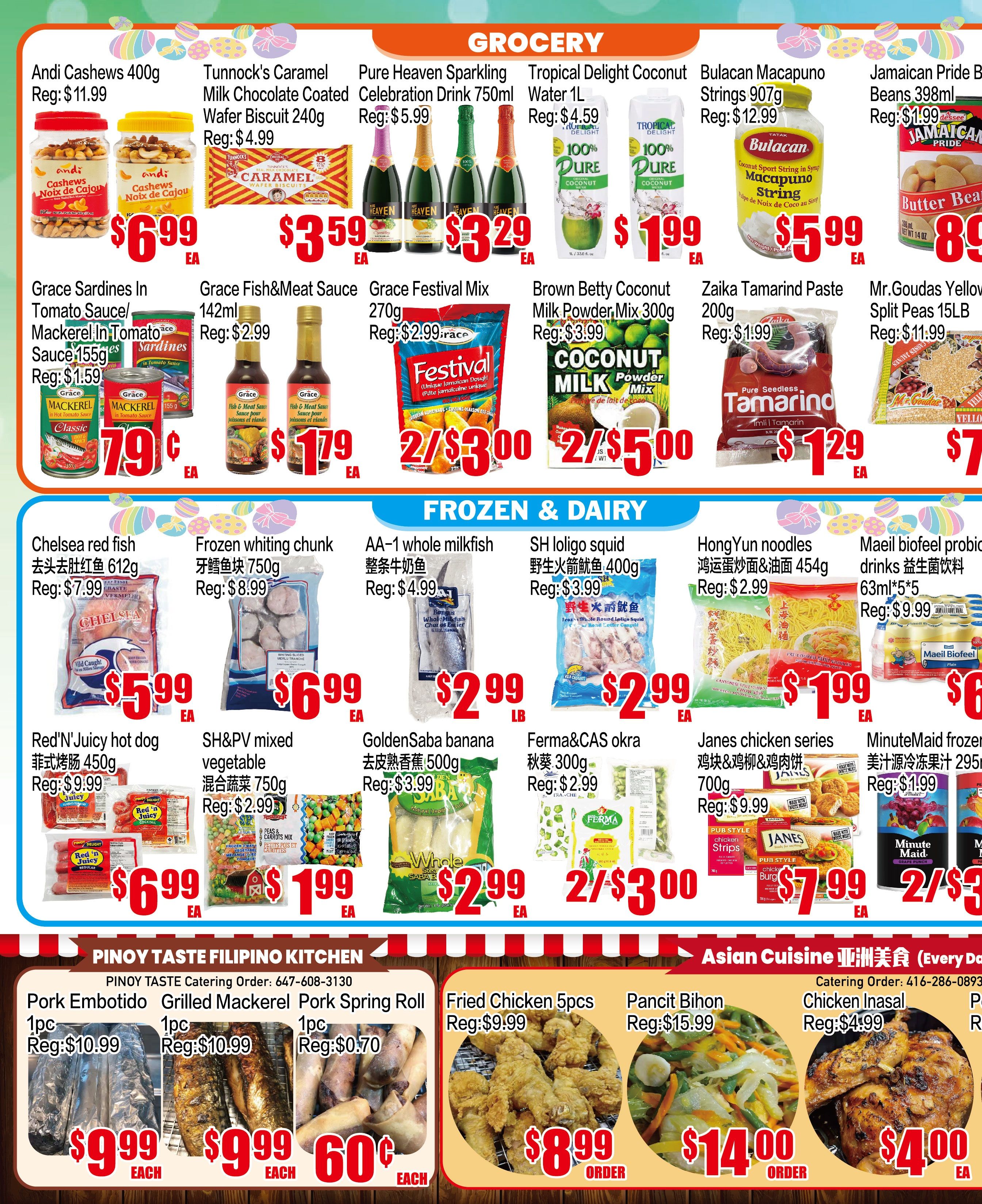 Fusion Supermarket weekly flyer specials page 2. Grocery section features Andi Cashews 400g for $6.99, Tunnock's Caramel Wafer Biscuit 240g for $3.59, Pure Heaven Sparkling Celebration Drink 750ml for $3.29, Tropical Delight Coconut Water 1L for $1.99, Bulacan Macapuno Strings 907g for $5.99, and Jamaican Pride Butter Beans 398ml for $0.89. Also available are Grace Sardines in Tomato Sauce/Mackerel in Tomato Sauce 155g for $0.79, Grace Fish & Meat Sauce 142ml for $1.79, Grace Festival Mix 270g for 2 for $3.00, Brown Betty Coconut Milk Powder Mix 300g for 2 for $5.00, Zaika Tamarind Paste 200g for $1.29, and Mr. Goudas Yellow Split Peas 15lb for $7.99. The Frozen & Dairy section includes Chelsea red fish 612g for $5.99, Frozen whiting chunk 750g for $6.99, AA-1 whole milkfish for $2.99 per pound, SH loligo squid 400g for $2.99, HongYun noodles 454g for $1.99, and Maeil biofeel probiotic drinks 63ml*5 for $6.99. Additional items are Red'N'Juicy hot dog 450g for $6.99, SH&PV mixed vegetable 750g for $1.99, GoldenSaba banana 500g for $2.99, Ferma&CAS okra 300g for 2 for $3.00, Janes chicken series 700g for $7.99, and MinuteMaid frozen juice 295ml for 2 for $3.00. The Pinoy Taste Filipino Kitchen section offers Pork Embotido for $9.99 each, Grilled Mackerel for $9.99 each, and Pork Spring Roll for $0.70 each. The Asian Cuisine section features Fried Chicken 5pcs for $8.99 per order, Pancit Bihon for $14.00 per order, Chicken Inasal for $4.00 each.